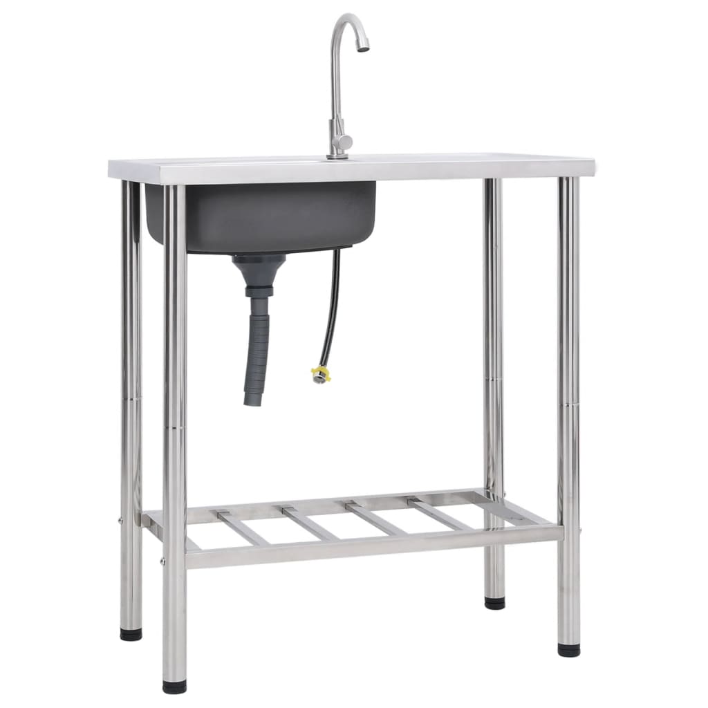 Lavabo Indipendente In Acciaio Inox, 38x33x83 Cm, Con Rubinetto Acqua Fredda, Scarico E Filtro, Per Cucina, Bagno O Esterni, Stile Moderno E Minimalista