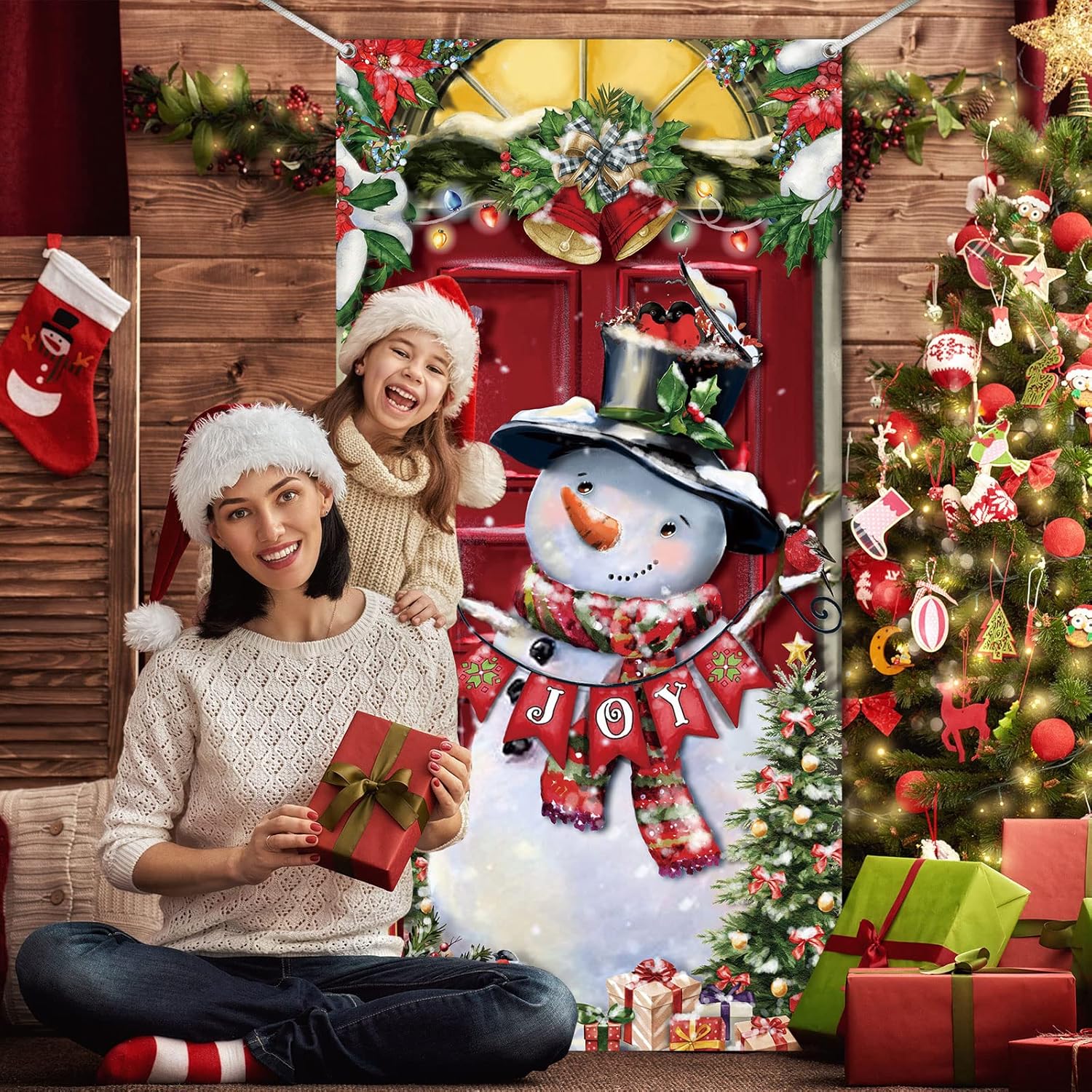 Cubierta para puerta con muñeco de nieve navideño, banderín navideño para la puerta principal, fondo navideño, decoración navideña para puerta - 5