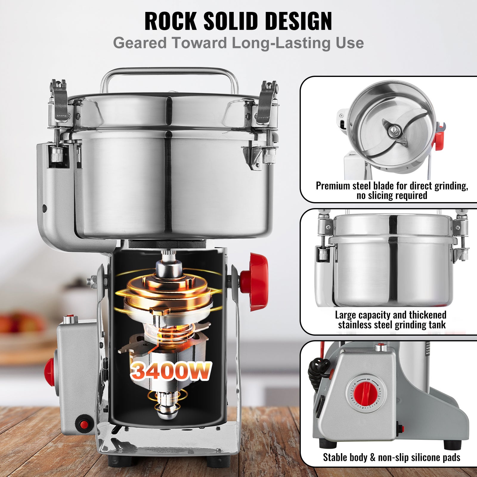 Moulin à épices électrique 2500g,VEVOR broyeur à grains commercial 3400W,acier inoxydable,vibrant,pour moudre rapidement les grains,le café - 3