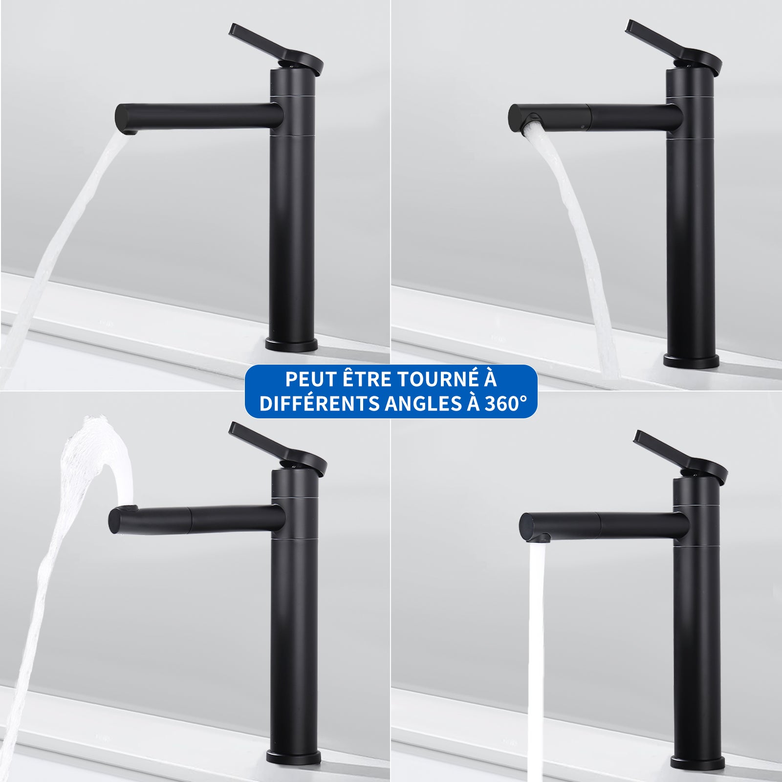 Mitigeur de Lavabo Noir Haut Bec Robinet de Salle de Bain Pivotant 360° Robinetterie de Lavabo pour Vasque en Acier Inox - 7