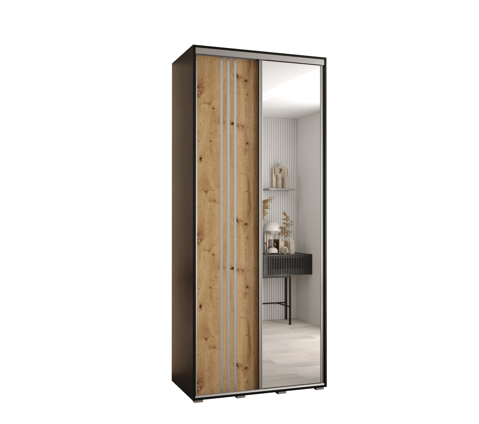 Szafa przesuwna z lustrem wysoka Davos 7 110 x 45 x 235,2 cm czarny + artisan + u. srebrny - Abiks Meble