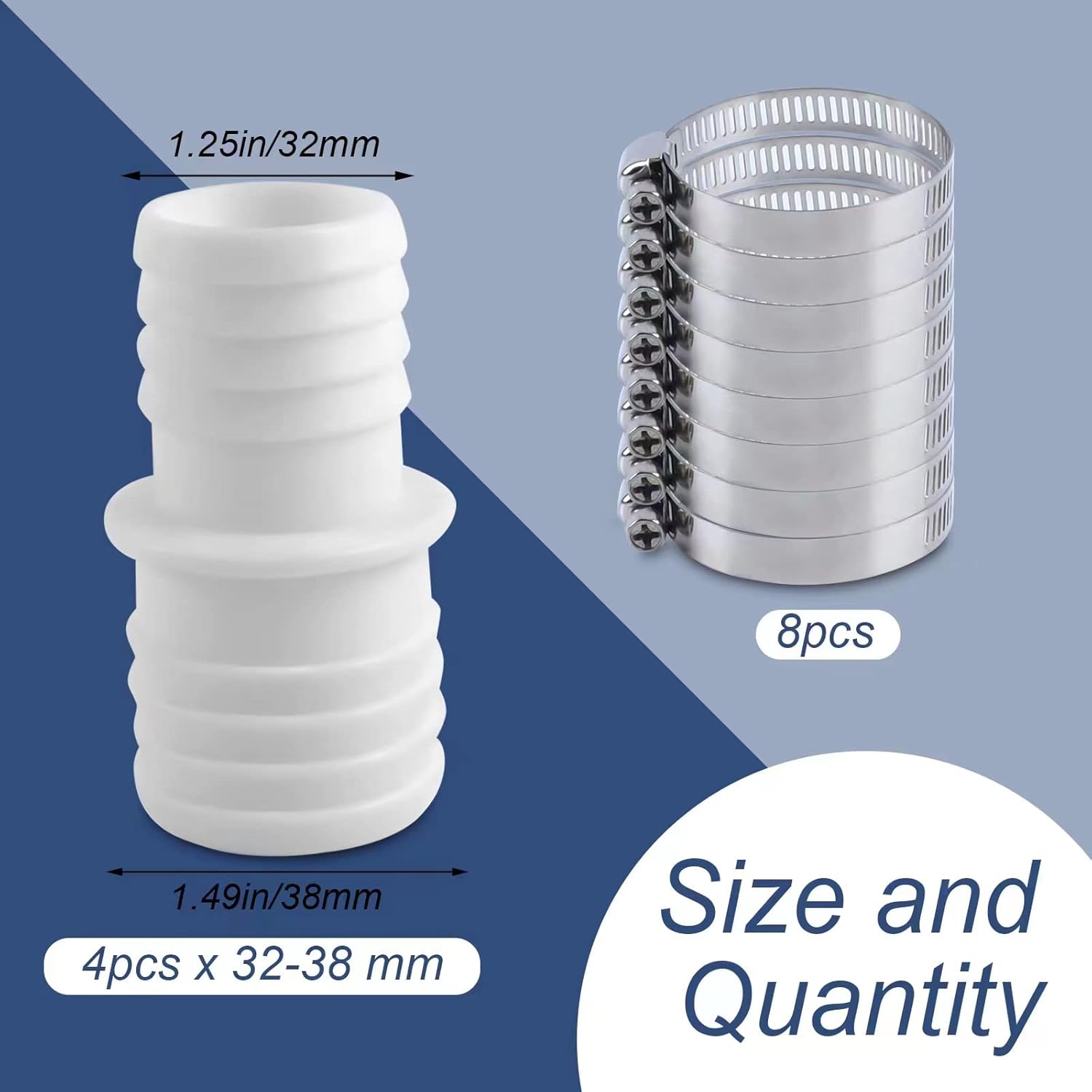 ZVD-4 X Connettori Per Tubi Flessibili, Set Di Adattatori Per Tubi Flessibili Per Piscina Con 8 Morsetti Adattatori Per Tubi Flessibili Diametro Da 32 Mm A 38 Mm 88866739