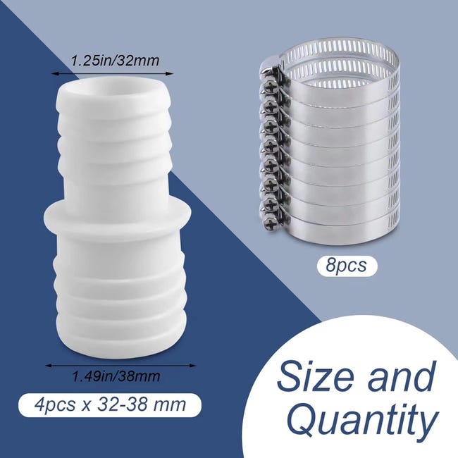 ZVD-4 X Connettori Per Tubi Flessibili, Set Di Adattatori Per Tubi Flessibili Per Piscina Con 8 Morsetti Adattatori Per Tubi Flessibili Diametro Da 32 Mm A 38 Mm 88866739 ZVD-4 X Connettori Per Tubi Flessibili, Set Di Adattatori Per Tubi Flessibili Per Piscina Con 8 Morsetti Adattatori Per Tubi Flessibili Diametro Da 32 Mm A 38 Mm 88866739