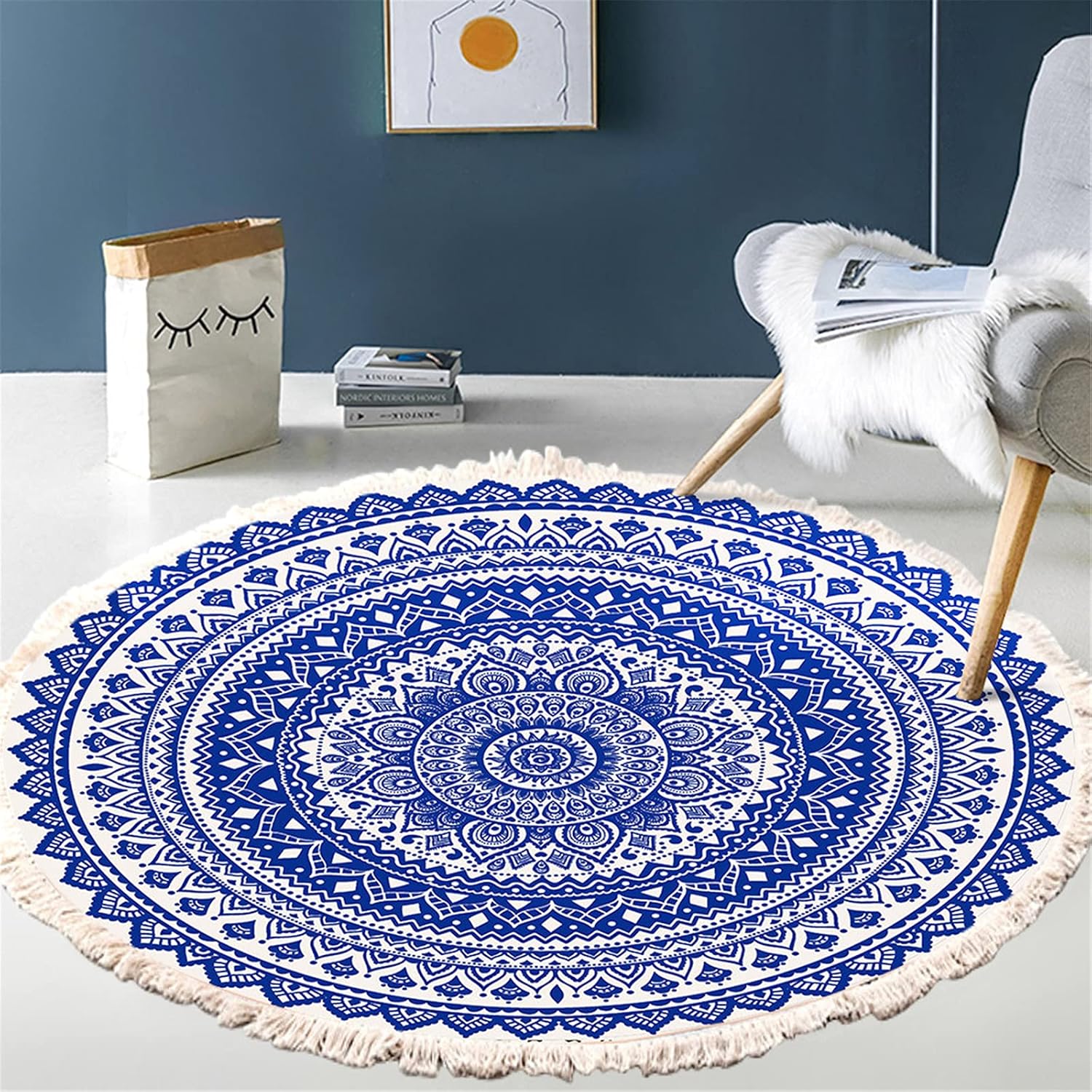 Tenture Murale Bohème Tissée – 82x53 Cm, Motifs Géométriques Bleu Et Rouge (style Sud-ouest, Frangé)