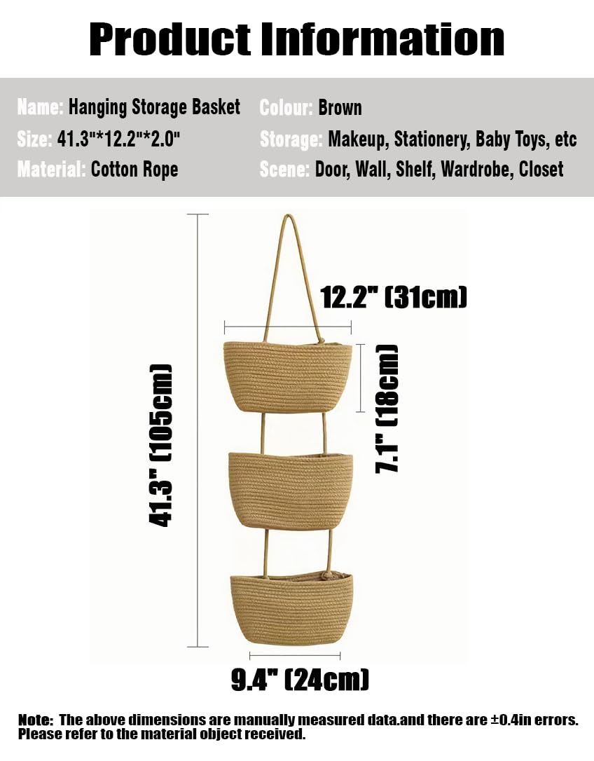 Paniers suspendus au-dessus de la porte, sac de rangement en coton tissé à 3 niveaux, paniers de cuisine décoratifs muraux pour chambre d'enfant - 4