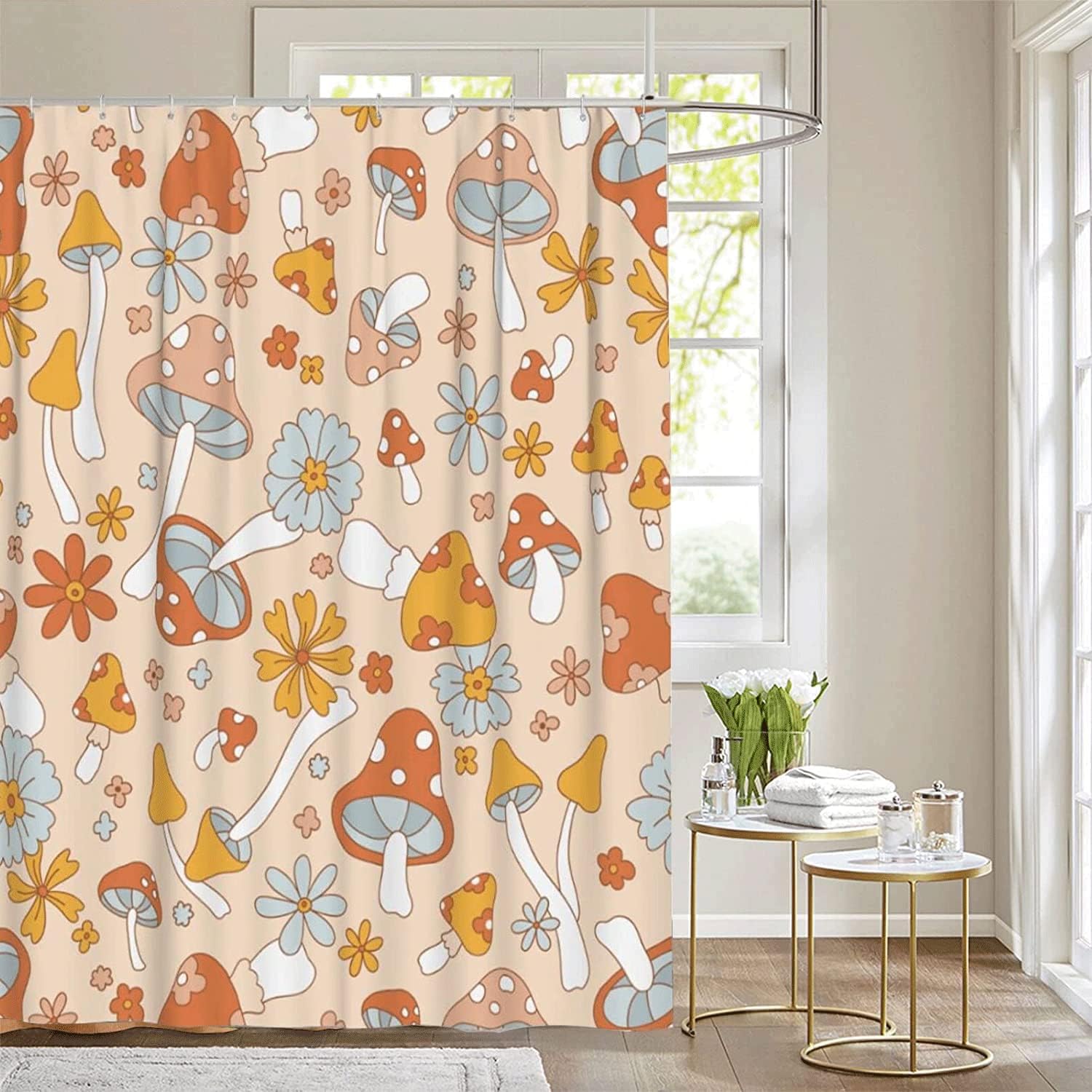 Zasłona prysznicowa w kształcie grzybka w stylu retro hippie do łazienki, ładna i modna w stylu boho do dekoracji łazienki, 180x180 cm