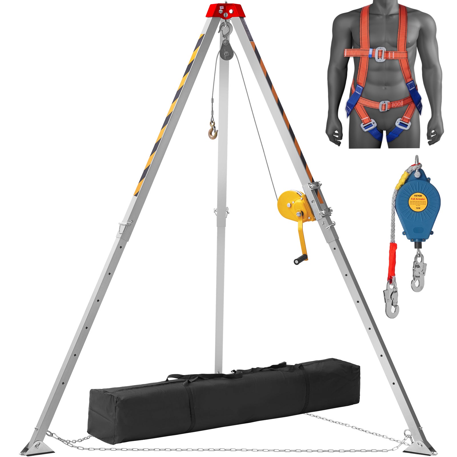 Zestaw statywów VEVOR z wyciągarką 1200 lbs, nogi 7 ft, lina 98 ft, torba, uprząż, do ratownictwa i pracy w ograniczonych przestrzeniach