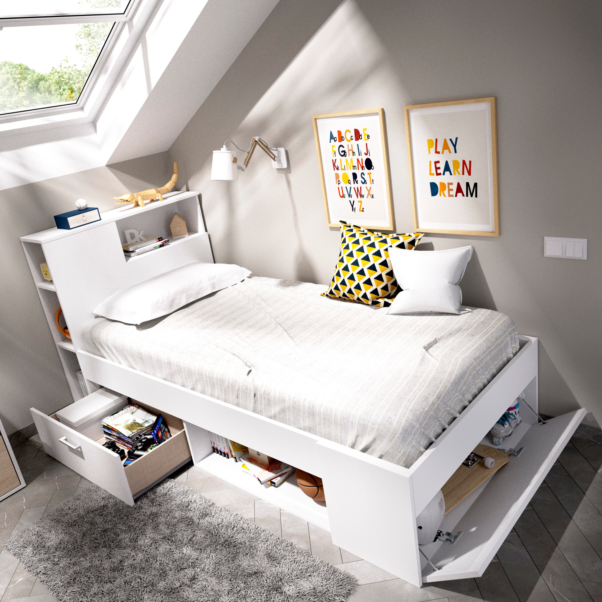 Mobelcenter - Cama Infantil Juvenil Lanka con Cajones y Estantería - Color Blanco - Ancho: 99 cm x Fondo: 218 cm x Alto: 96 cm (1348) - 2