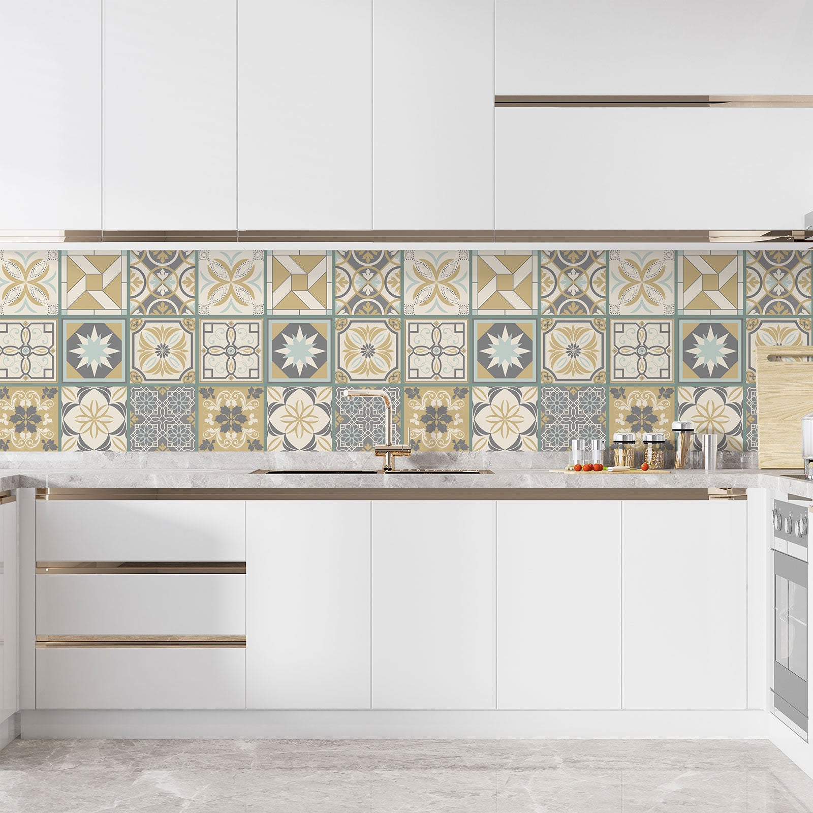 Crédence adhésive sticker décoratif pour cuisine - Effet carreaux de ciment - Adhésif MAT - 60x60 cm - 3
