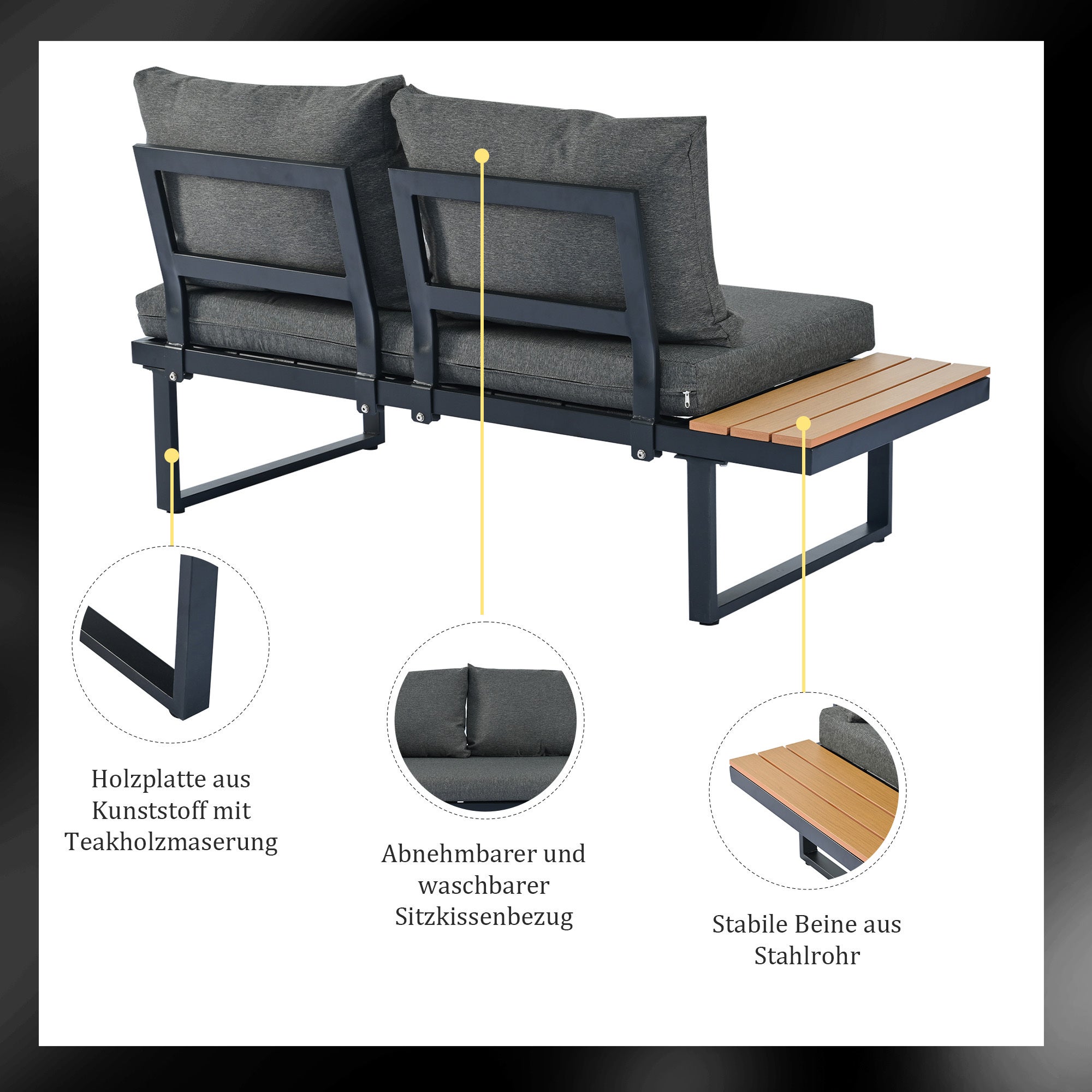Ensemble de jardin d'angleavec fonction d'inclinaison réglable (5 niveaux réglables, jusqu'à 55°) et table basse, Gris + Noir - 3