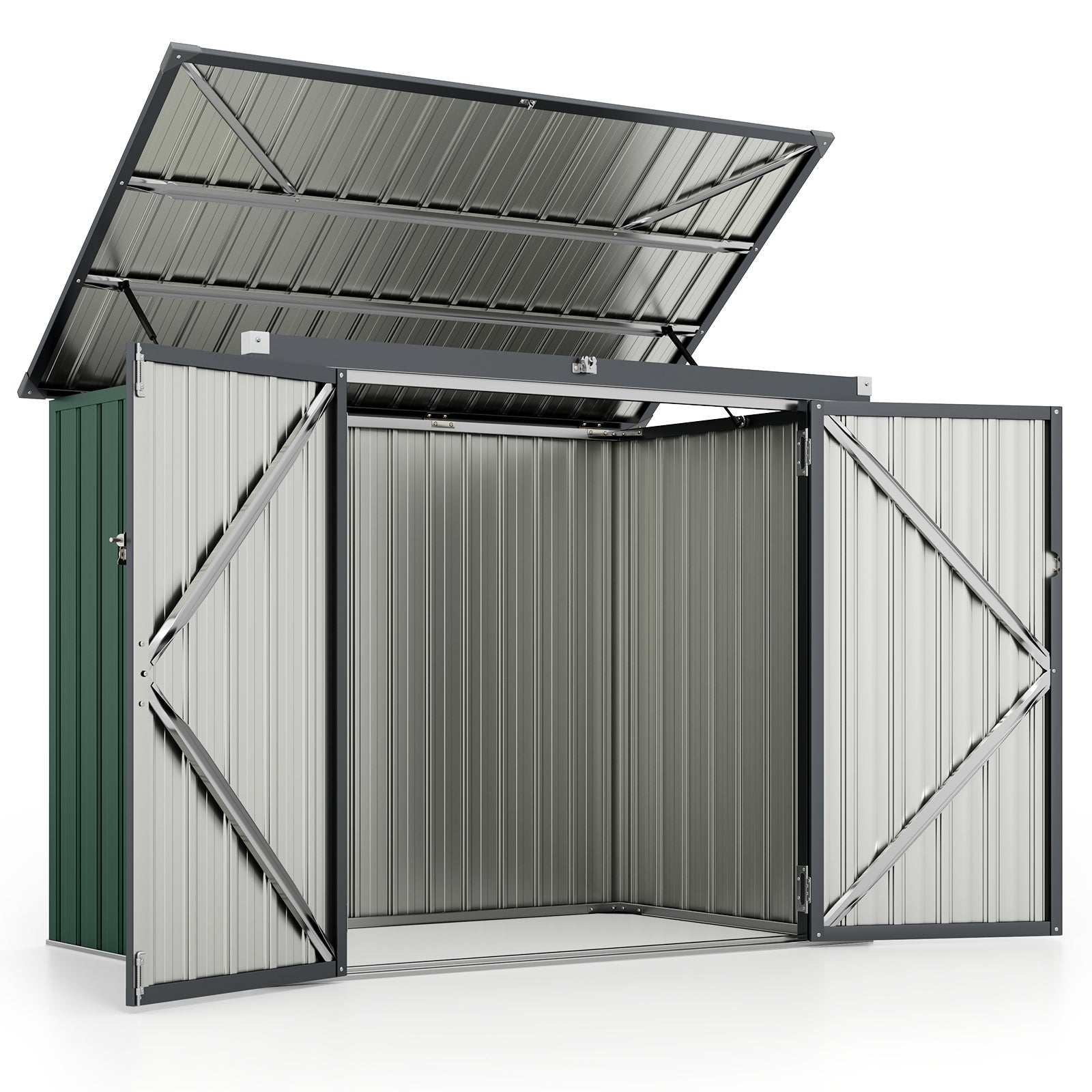 Casuta de grădină din metal, 1,51 m², căsuță de grădină pentru exterior din oțel zincat, acoperiș rabatabil amortizor gaz, 4 picioare, verde