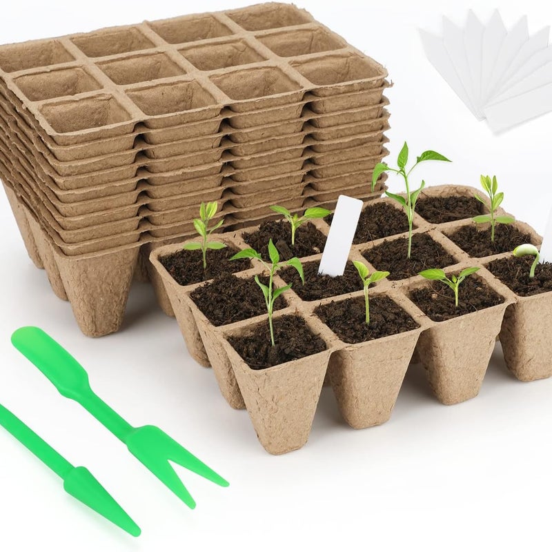 Zestaw 24 wiaderek na sadzonki z 288 komórkami włókienniczymi, 24 etykietami + 4 podnośniki nasion