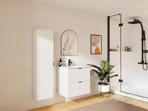 Meuble De Salle De Bain Suspendu Strié 60 Cm Avec Vasque – Naturel Clair, 2 Tiroirs, Poignées Interchangeables