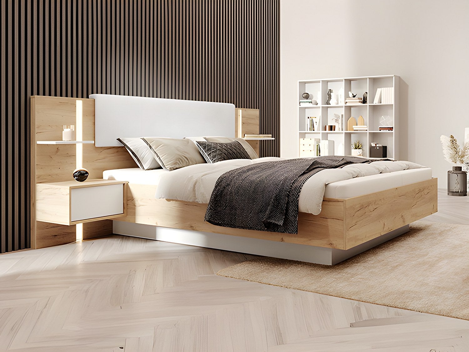 Łóżko ze skrzynią i szafkami nocnymi 160 x 200 cm - Z oświetleniem LED - Naturalny i biały + Materac - ELYNIA