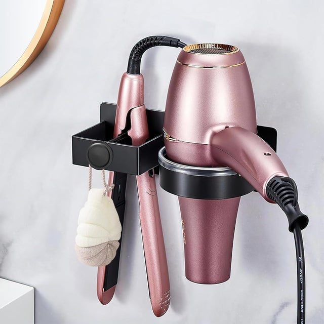 Porte Seche Cheveux et Lisseur pour Salle de Bains/Chambre à Coucher/Hôtel, Porte Seche Cheveux sans Perçage a Adhésif/Vis, Noir