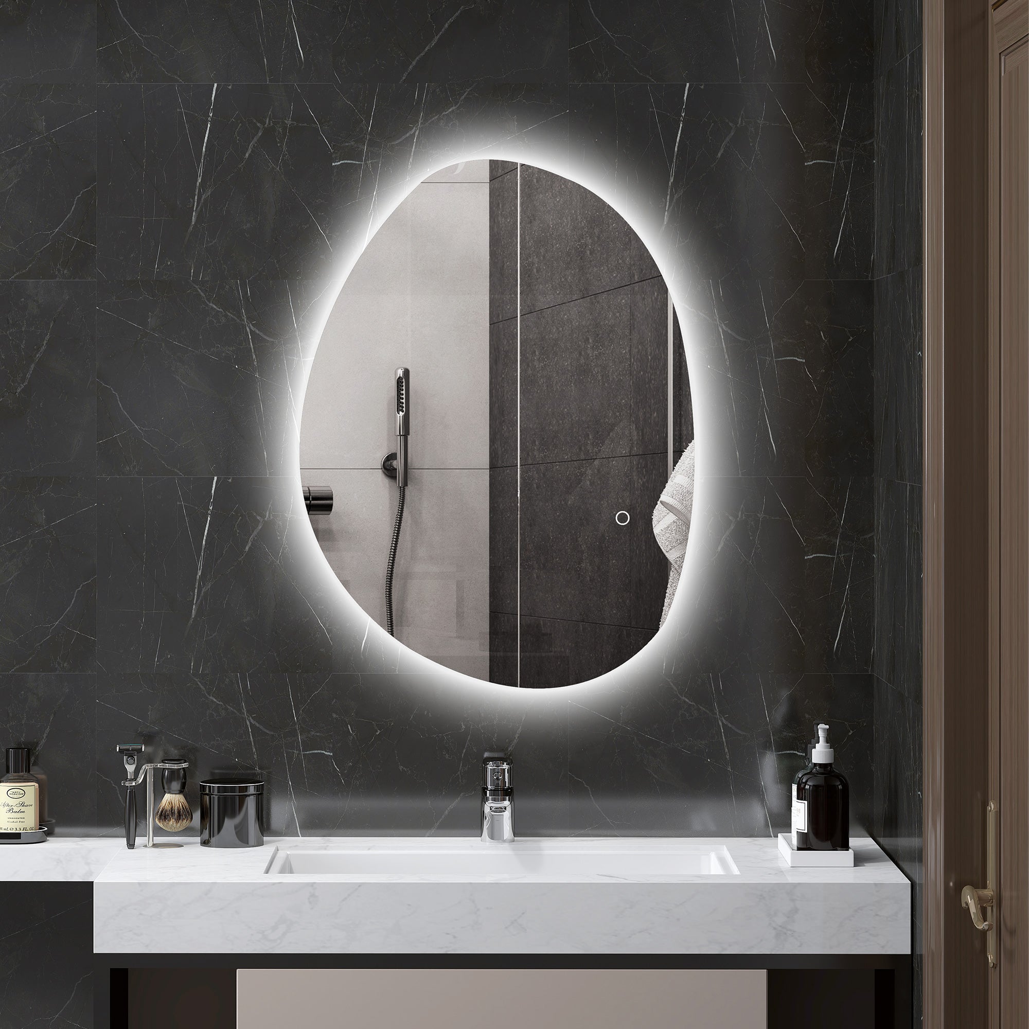 Specchio da bagno asimmetrico 70 x 50 cm con illuminazione a LED, interruttore touch intelligente, funzione antiappannamento, argento - 3