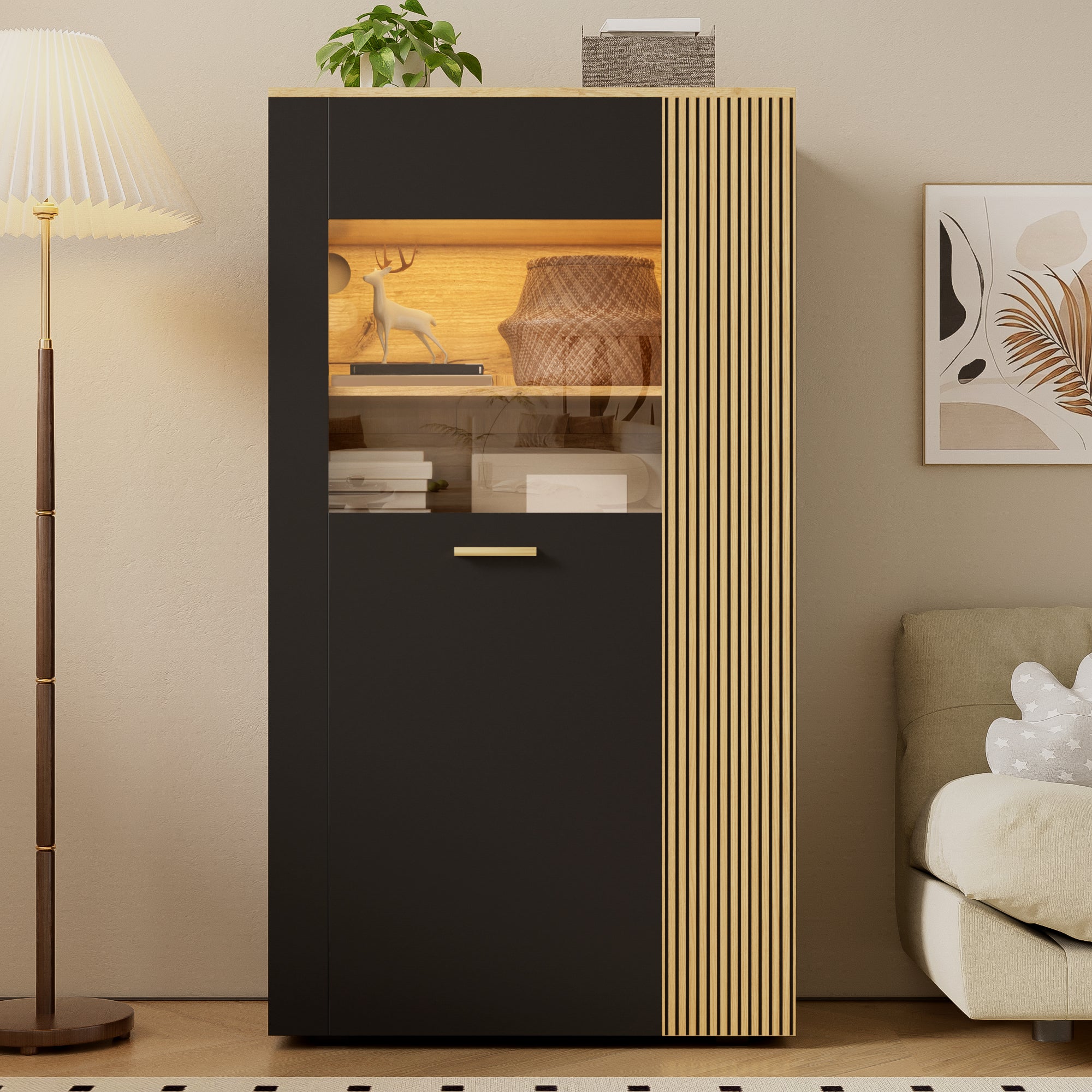 Modernluxe  Vitrina 80X40x146cm, Con Iluminación Led, Con 1 Puerta, Estantes Regulables, Tableros De Partículas, + Natural Negro , Leroy Merlin