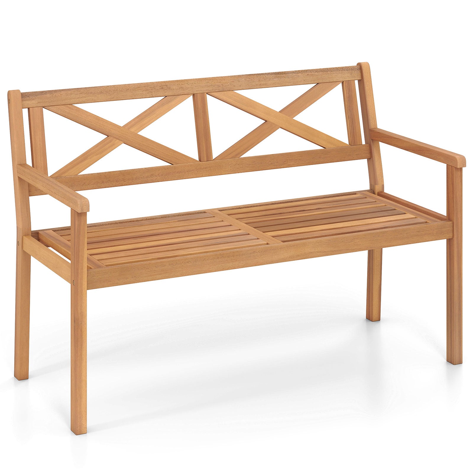 Bancă de grădină din lemn de salcâm, cu spătar cu motiv geometric, 56 x 119 x 80 cm, capacitate încărcare până 360 kg, bancă parc, terasă