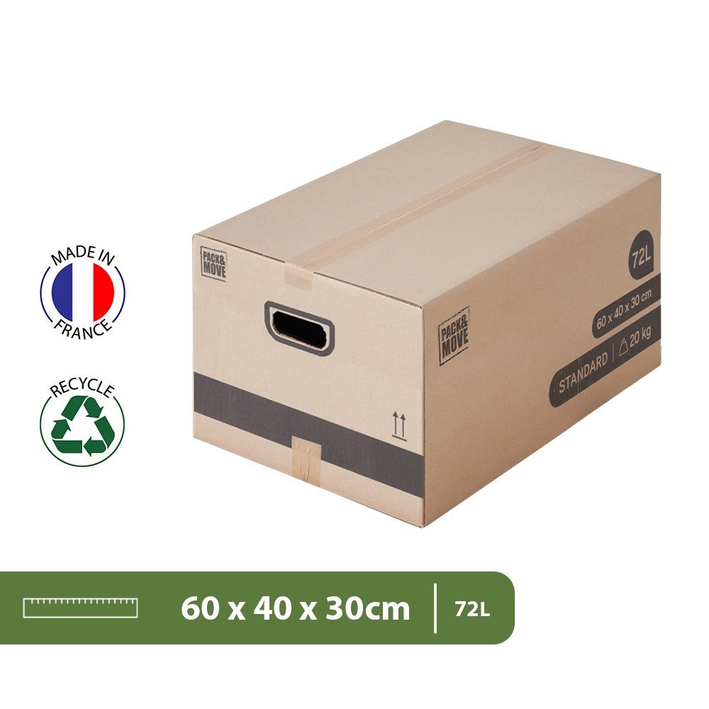 Pack and Move - Lot 20 cartons déménagement M - 60 x 40 x 30 cm - Poignées renforcées - 1 adhésif offert - 2