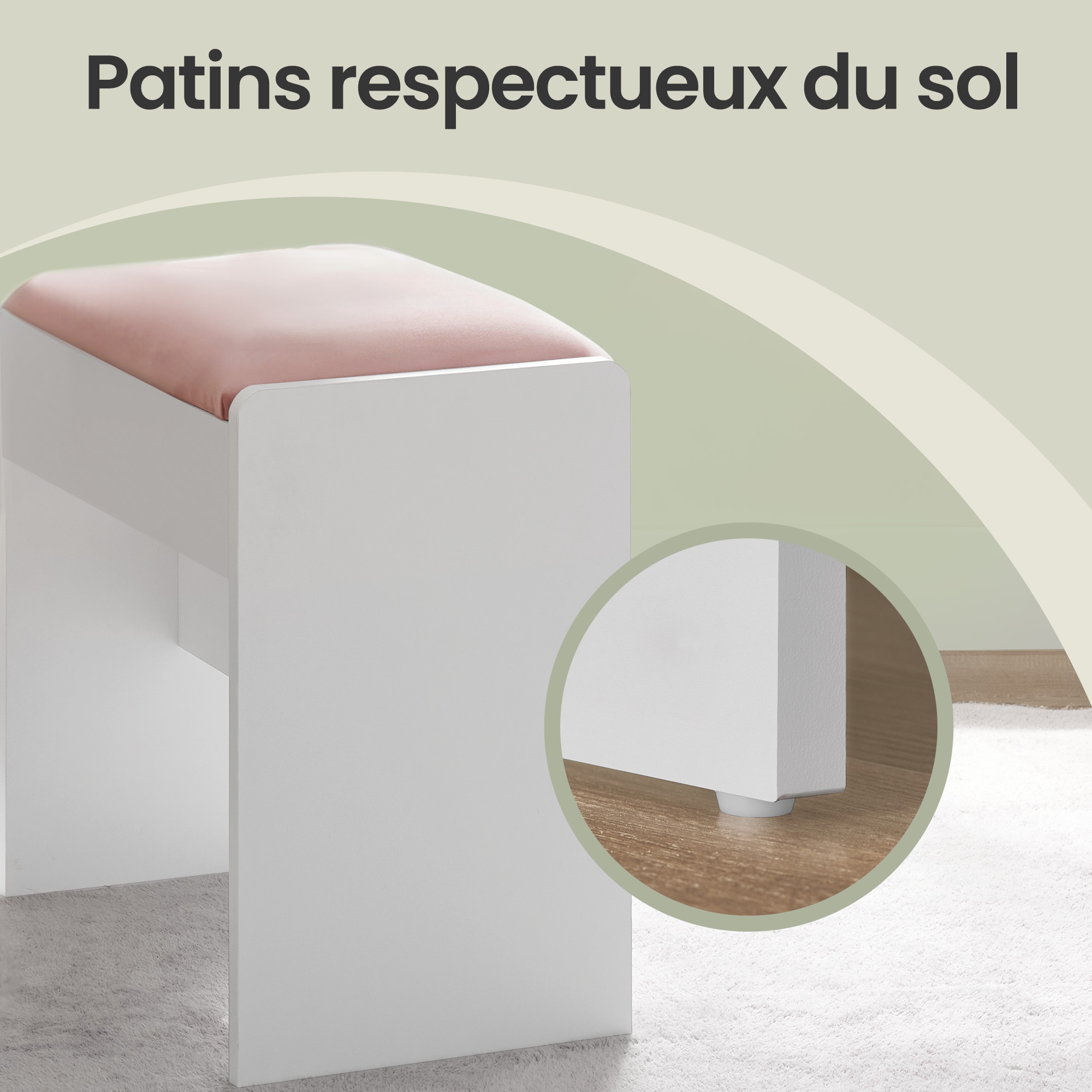 Tabouret de Coiffeuse, Tabouret de Maquillage Rembourré, en Velours, avec Patins Antidérapants, pour Salle de Bain, Chambre, Entrée, Blanc et Rose - 6