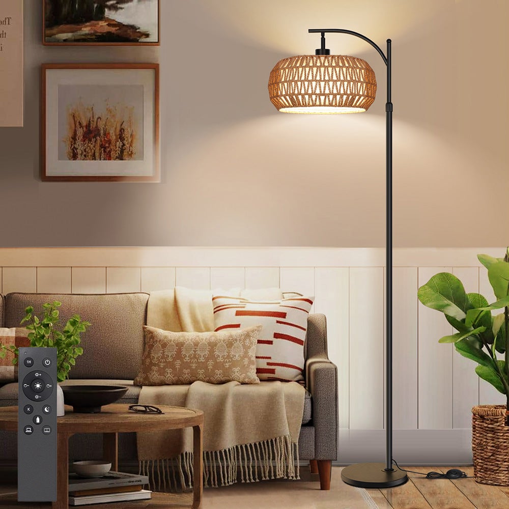 Lampa podłogowa rattanowa boho 175 cm,abażury rattan i len,pilot, ściemnialna LED, 3 barwy światła, z żarówką LED, regulowana wysokość,do salonu