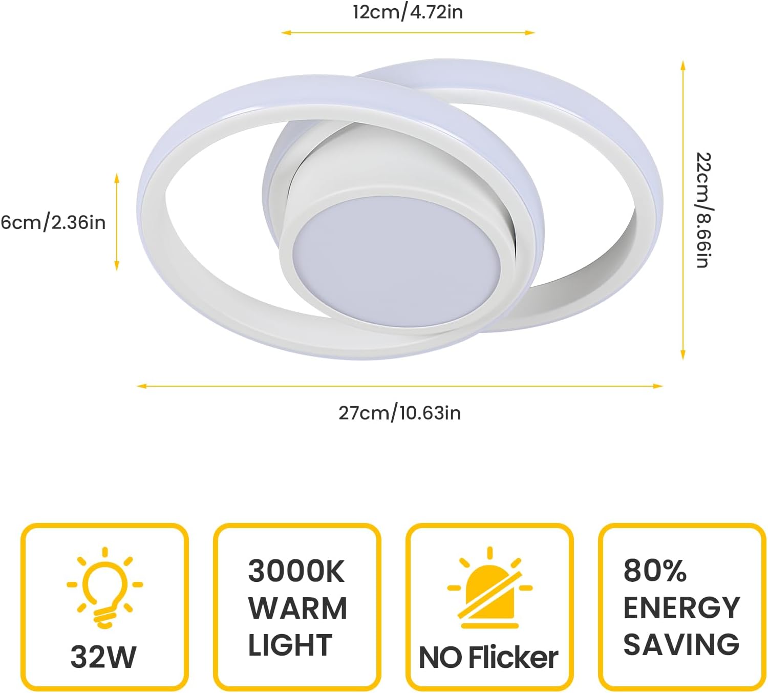 GOECO Lámpara de Techo LED Moderna, Lámpara de Techo Redonda, Blanco Cálido 3500K 32W 2500LM, Lámpara de Techo para Dormitorio Pasillo Cocina Balcón, - 2