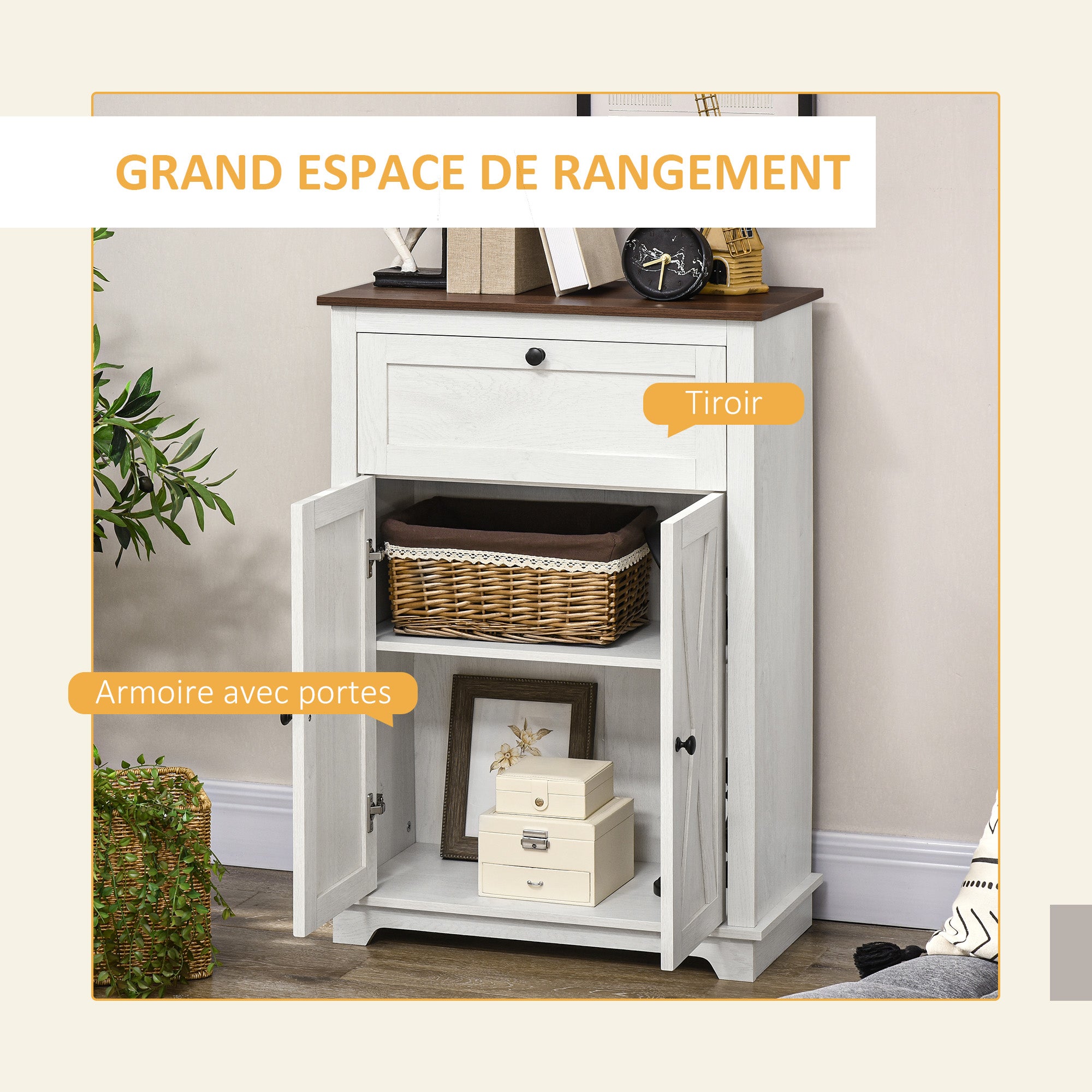 Meuble de rangement buffet multi-rangements 2 portes avec étagère réglable 1 tiroir,dim. 60Lx30Px87,5Hcm - 6