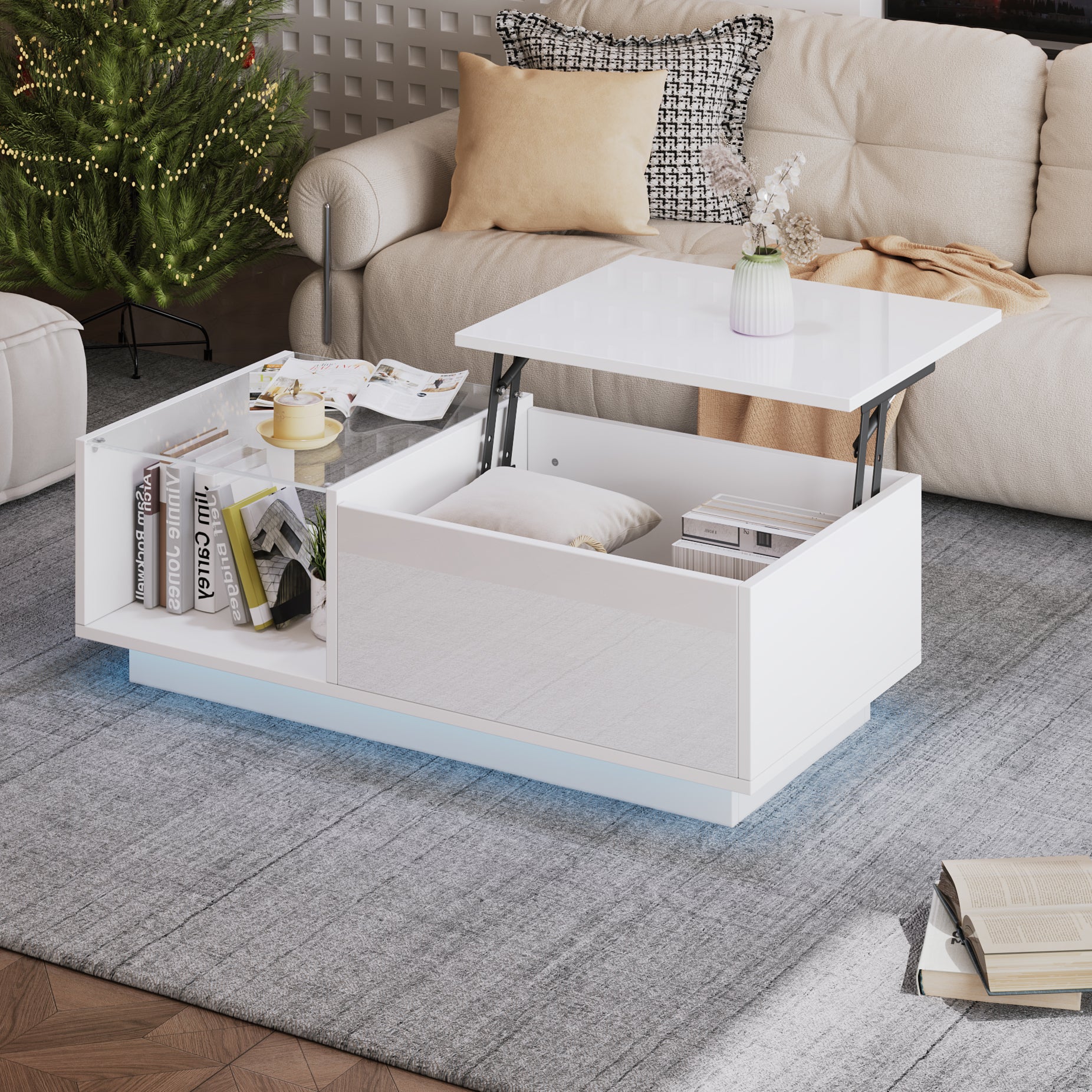 Table basse LED 100x50x33 cm, plateau relevable, rangement caché et ...