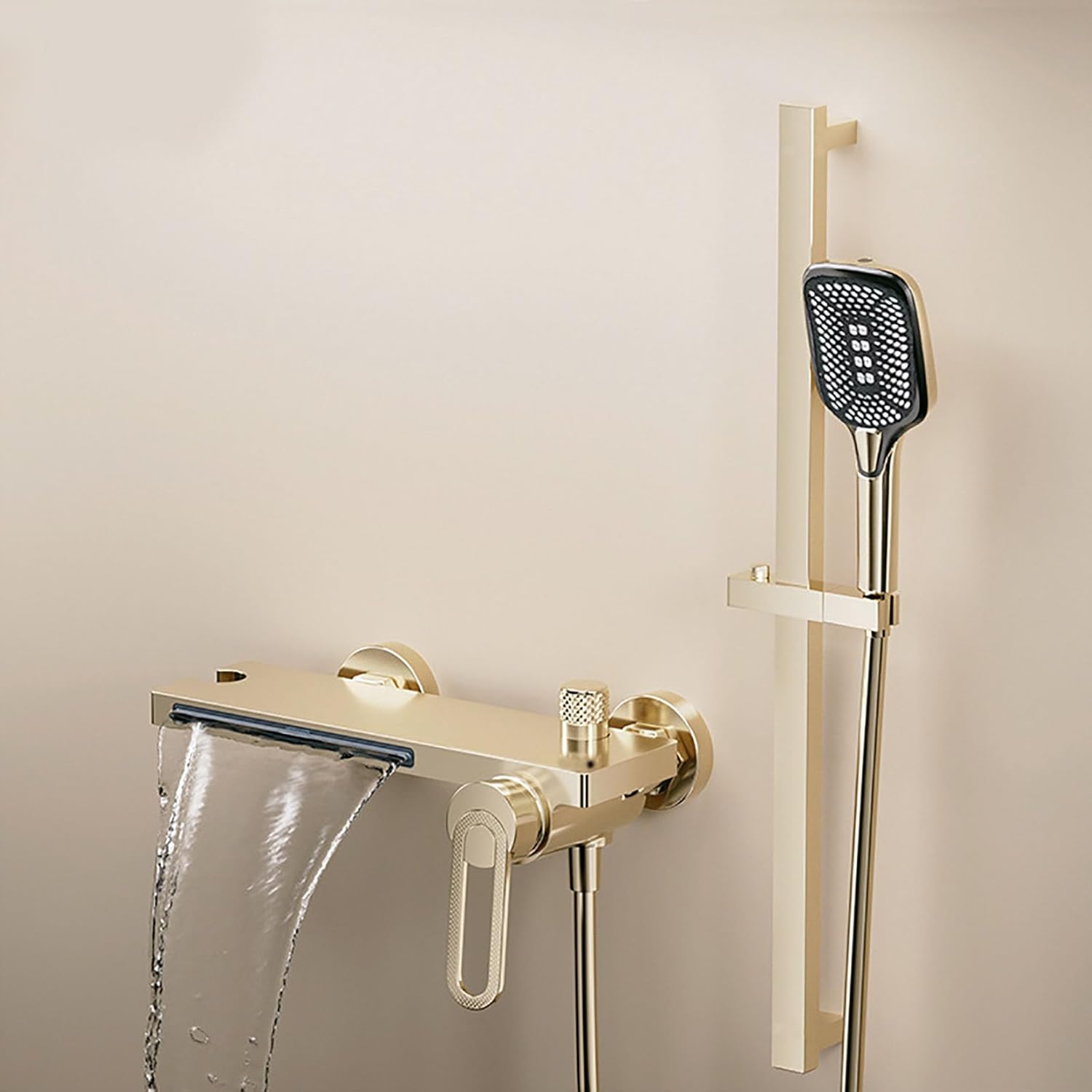 Baignoire cascade avec robinet d'eau chaude et froide, pommeau de douche mural en laiton, hauteur réglable, cascade en or brossé avec tige de levage - 2