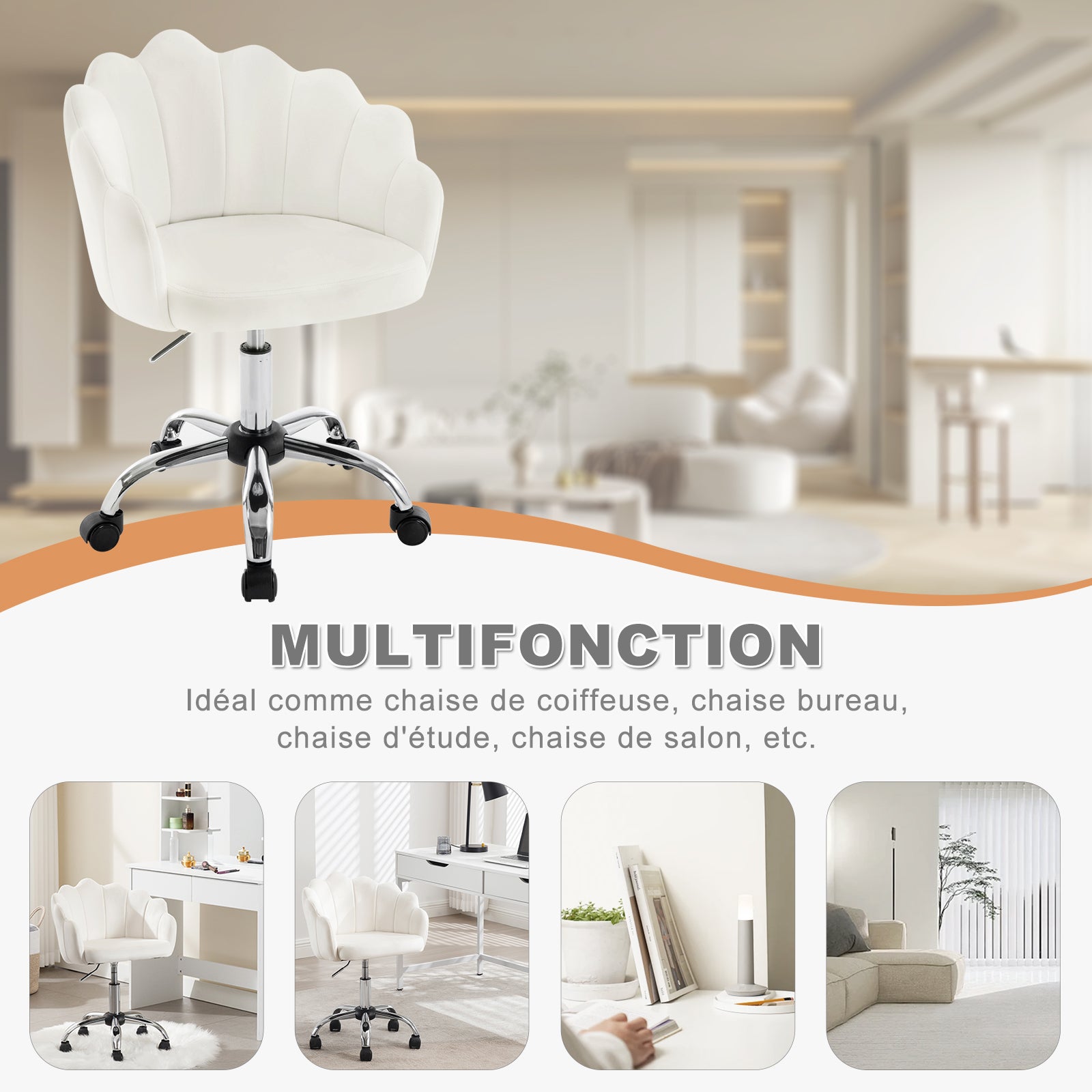 WOLTU Chaise Bureau en Velours + Métal，Chaise Coiffeuse，Fauteuil Coquillage，Chaise de Bureau ，Hauteur Réglable，Crème Blanc - 3