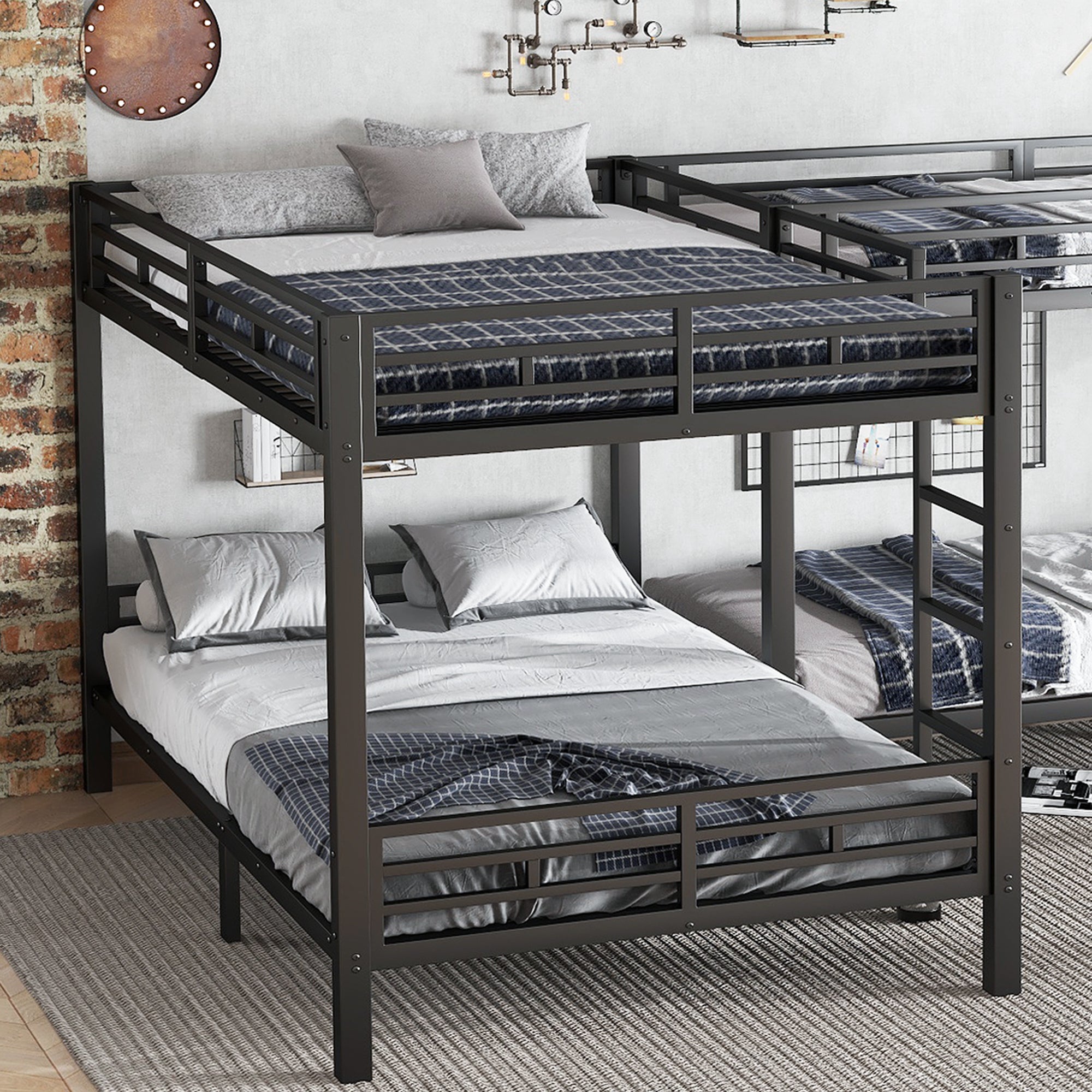 Letto a castello 90x200cm/140x200cm scala 3 gradini configurazione multipla rete a doghe stabile metallo e legno nero (Senza materasso) - 8