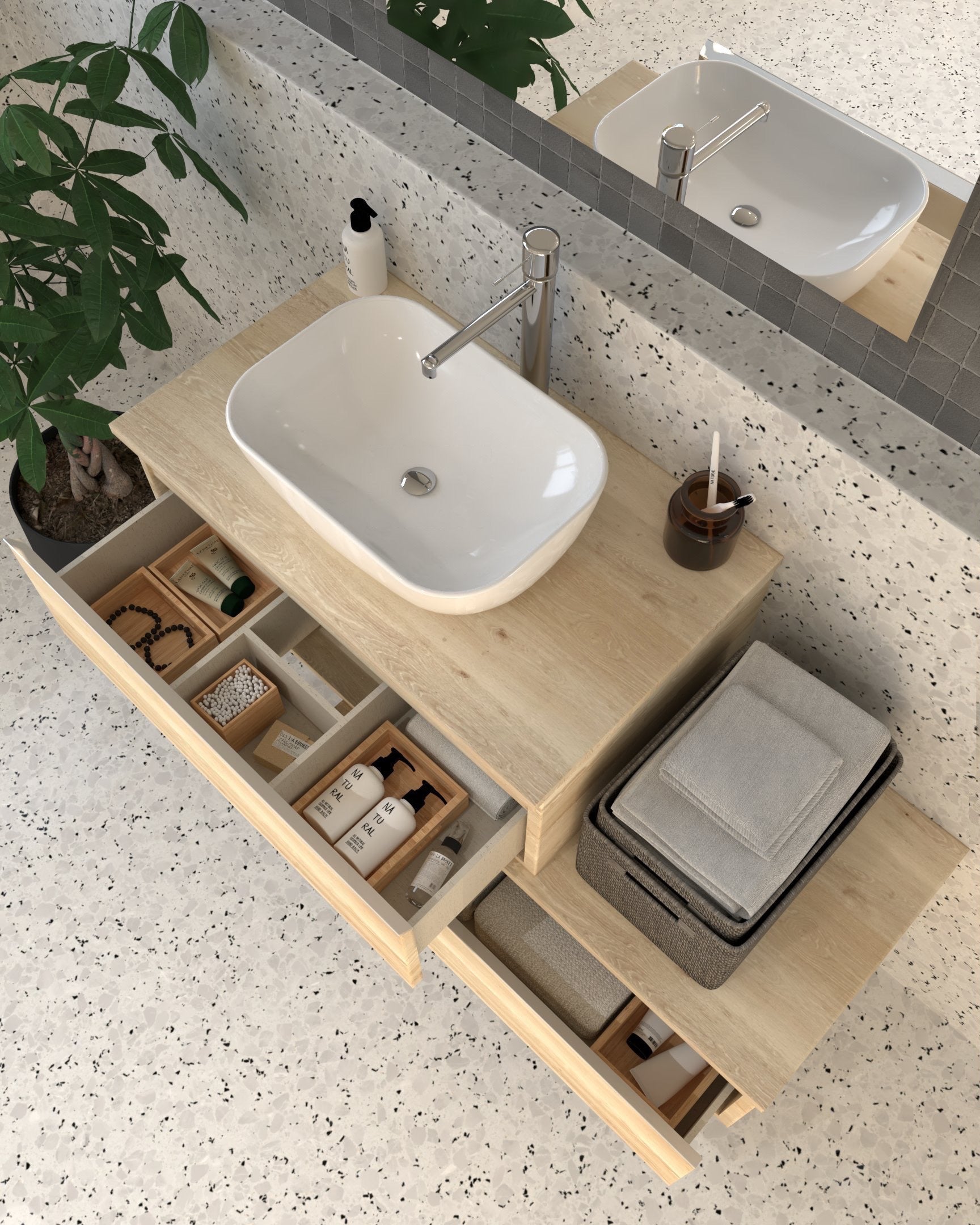 Meuble de salle de bain 2 tiroirs avec vasque à poser arrondie PENA et miroir Led STAM - Bambou (chêne clair) - 120cm - 3