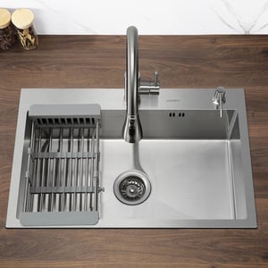 Évier Cuisine 1 Bac 68*45*19CM INOX Trop Plein Évier à Encastrer, avec Distrubuteur Savon et Égouttoir Panier, Brossé