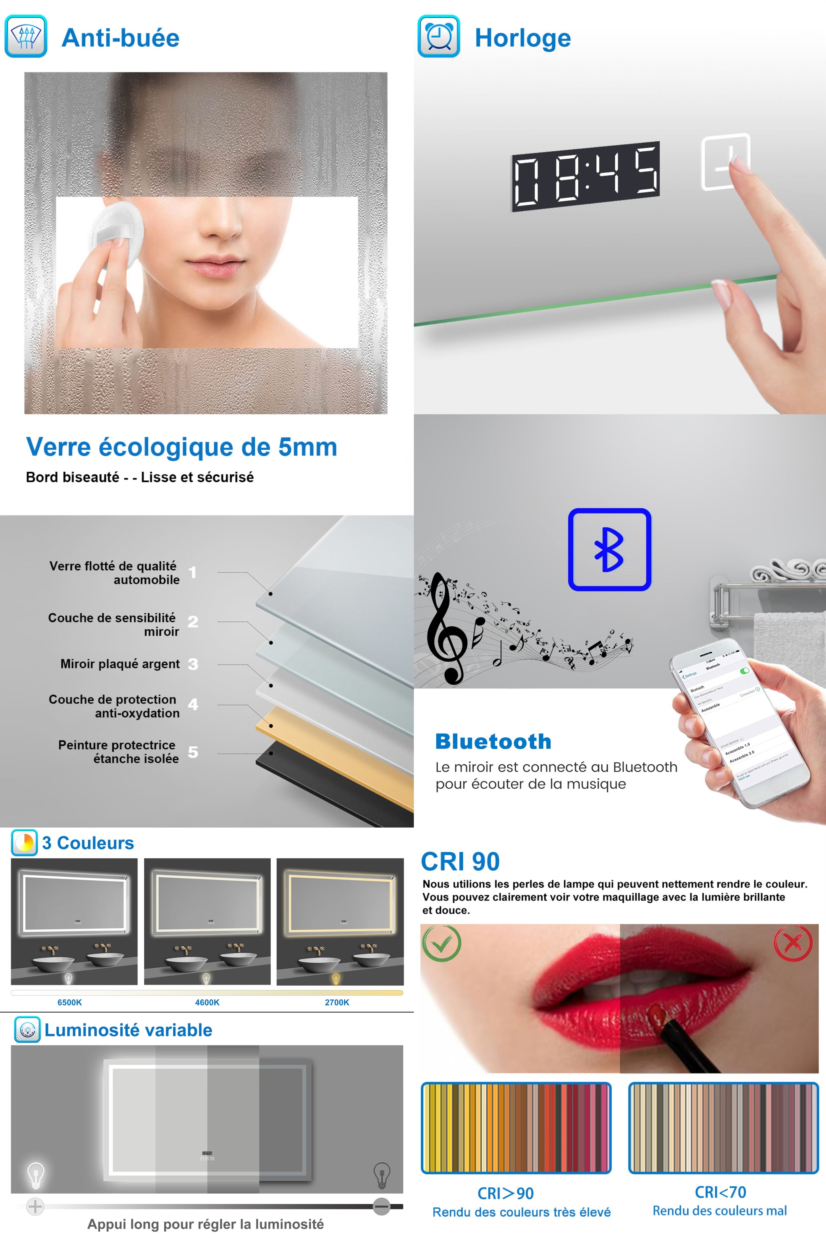 AICA Miroir lumineux Horloge + bluetooth + tricolore + anti-buée 120x70cm salle de bain dimmable,mémoire,tactile,led - 4