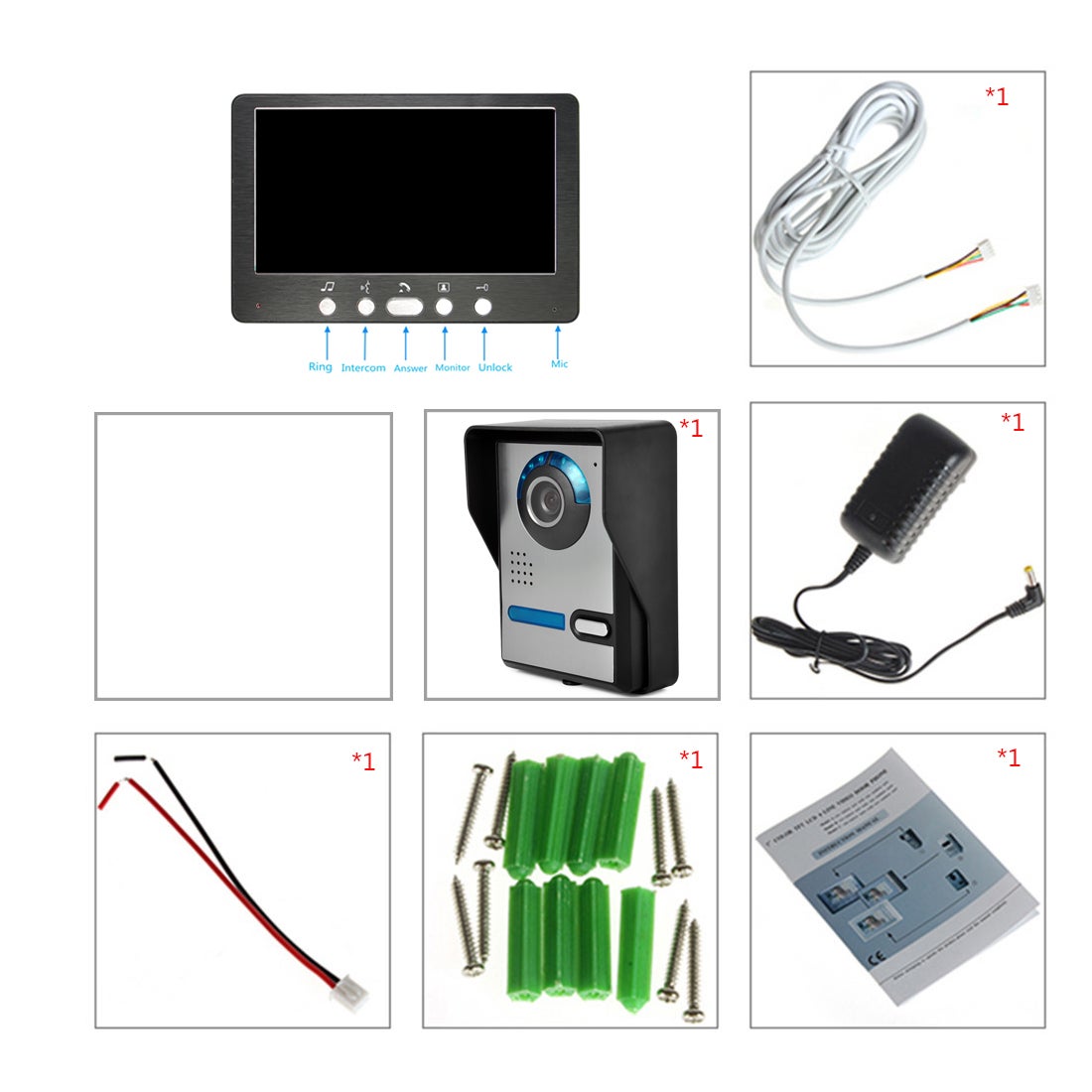Sonnette vidéo filaire avec écran 7 pouces, interphone bidirectionnel, vision nocturne infrarouge, étanche IP55, kit 1 caméra 1 moniteur, EU - 3