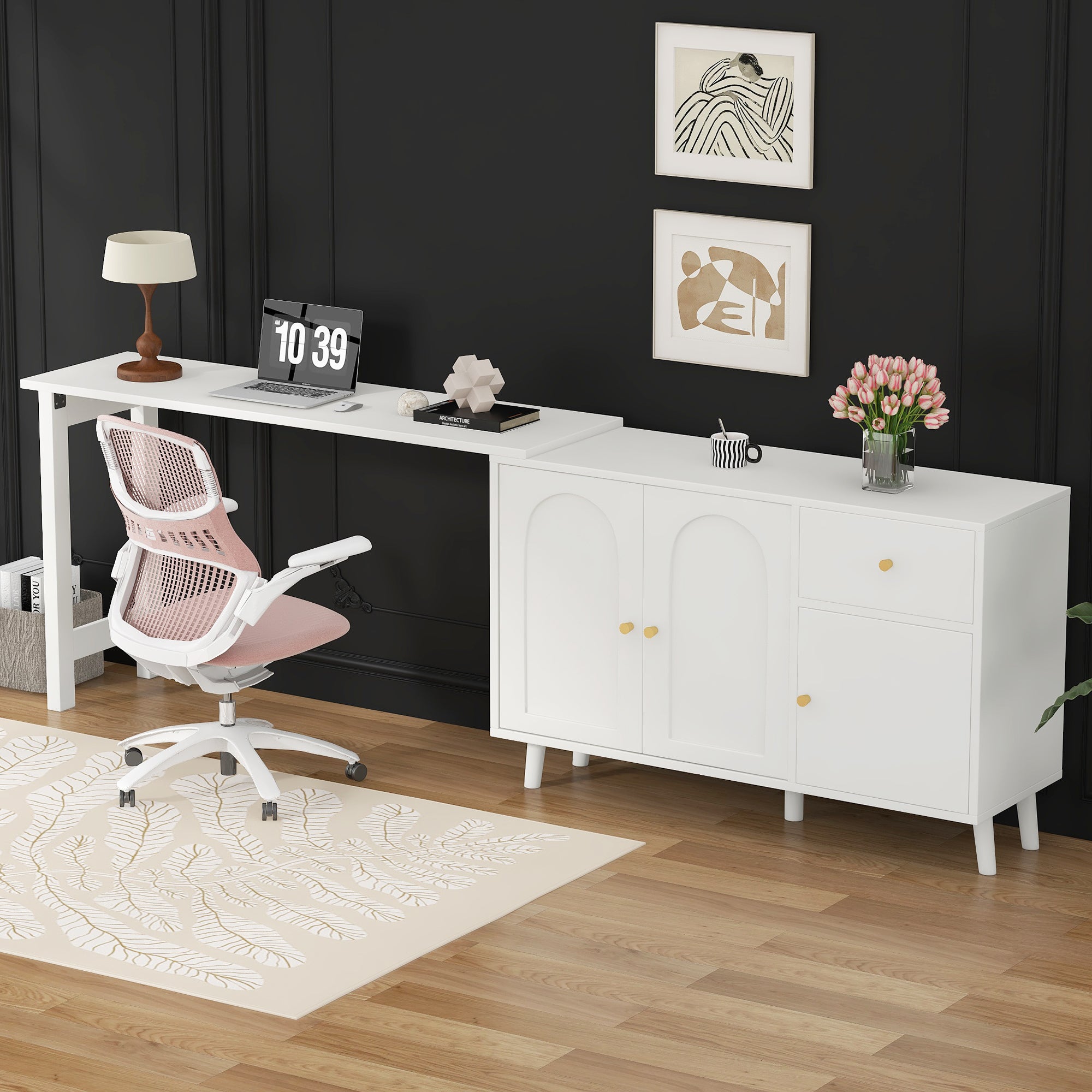 Bureau D'ordinateur En L Pivotant Et Pliable Avec Roulettes - 120x50x76.5 Cm, Plateau 4 Cm épais, 3 Tiroirs Et 2 Portes - Gris Foncé Et Bois, Charge Max 50 Kg