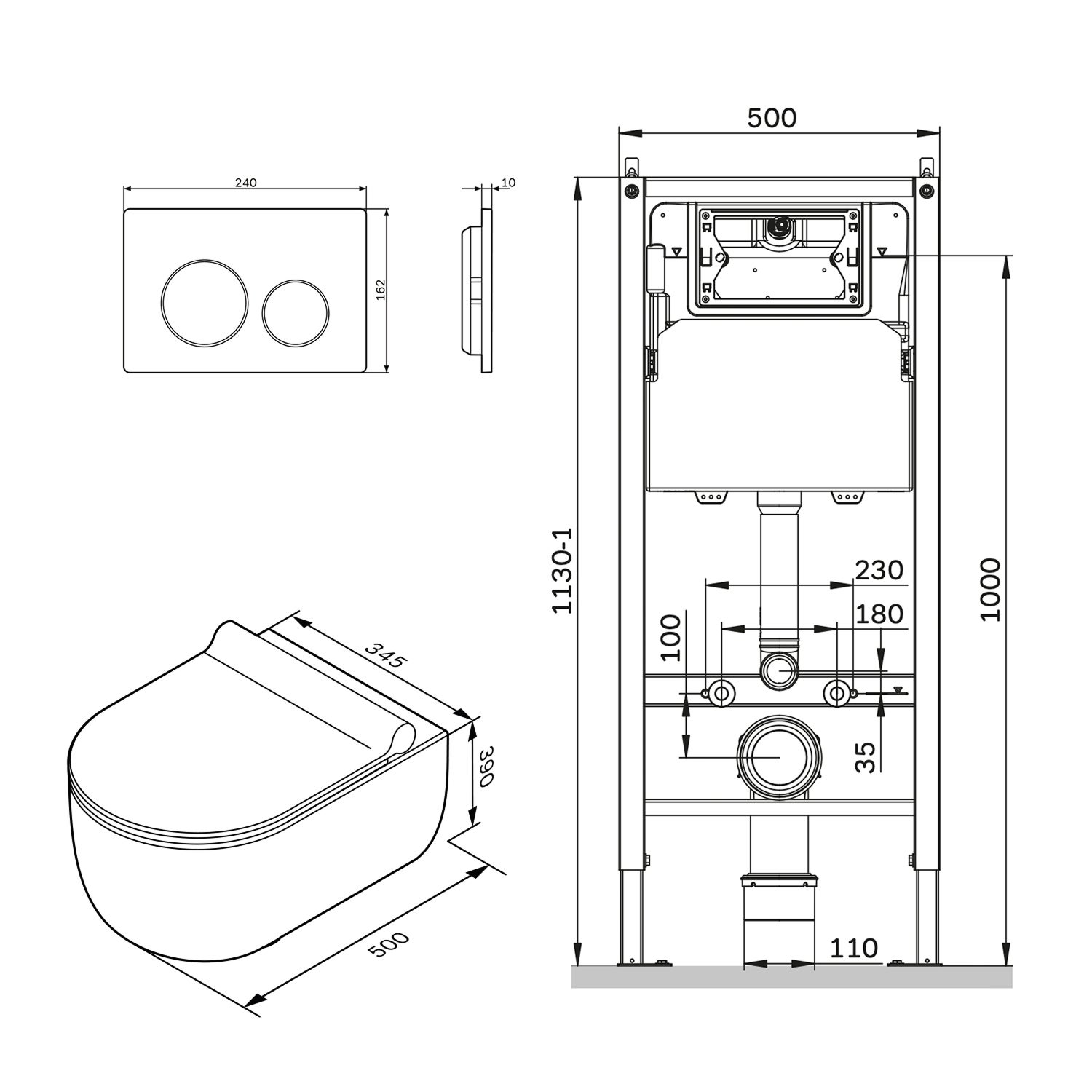 Pack WC suspendu bâti mural et cuvette Plaque Round Noire Pack WC Bati-support AM.PM X-Joy S - 12