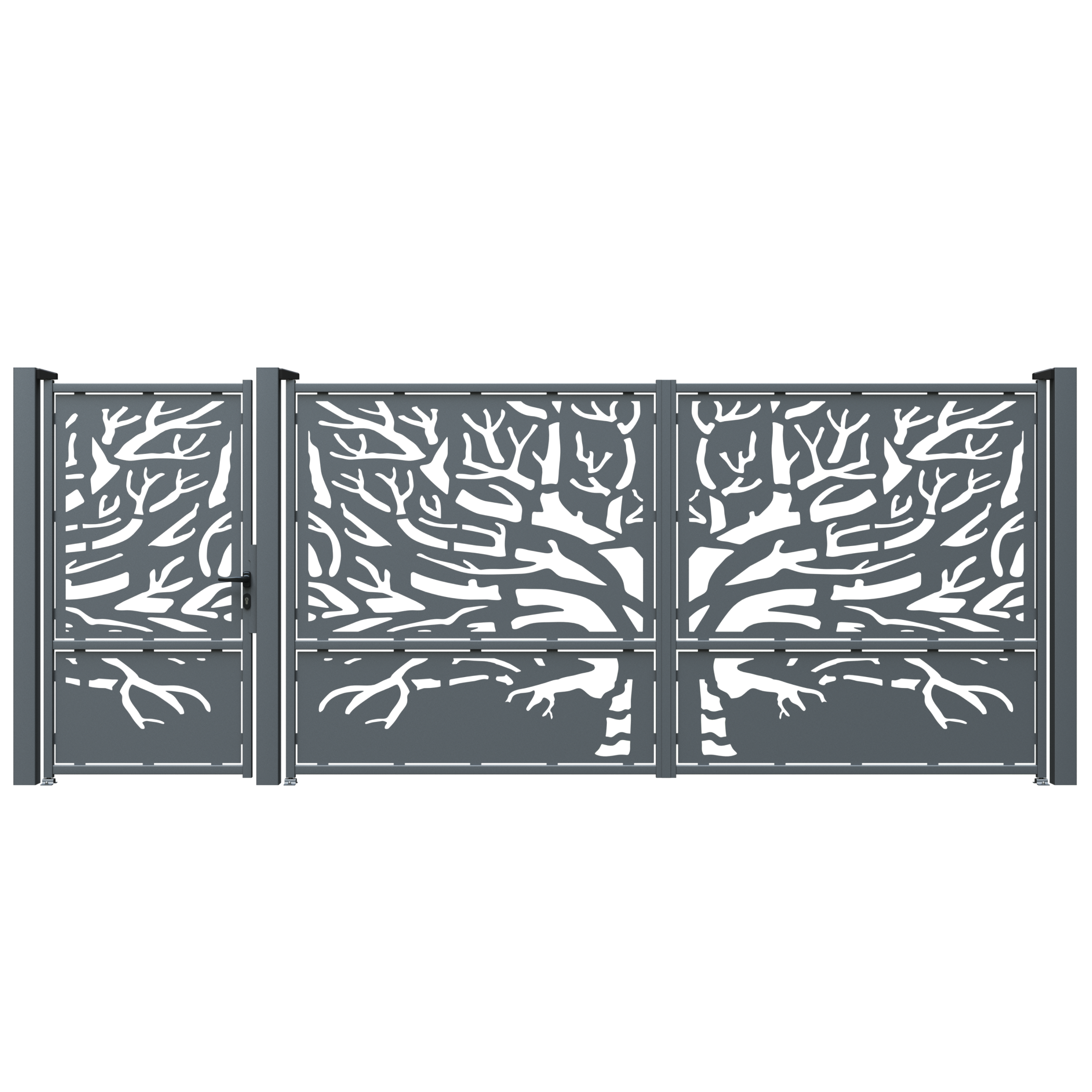 Portail en métal avec panneau décoratif tôle 2 mm modèle 42 noir 387 x 180 cm (L x H) Portail avec jeu d'accessoires inclus - 2