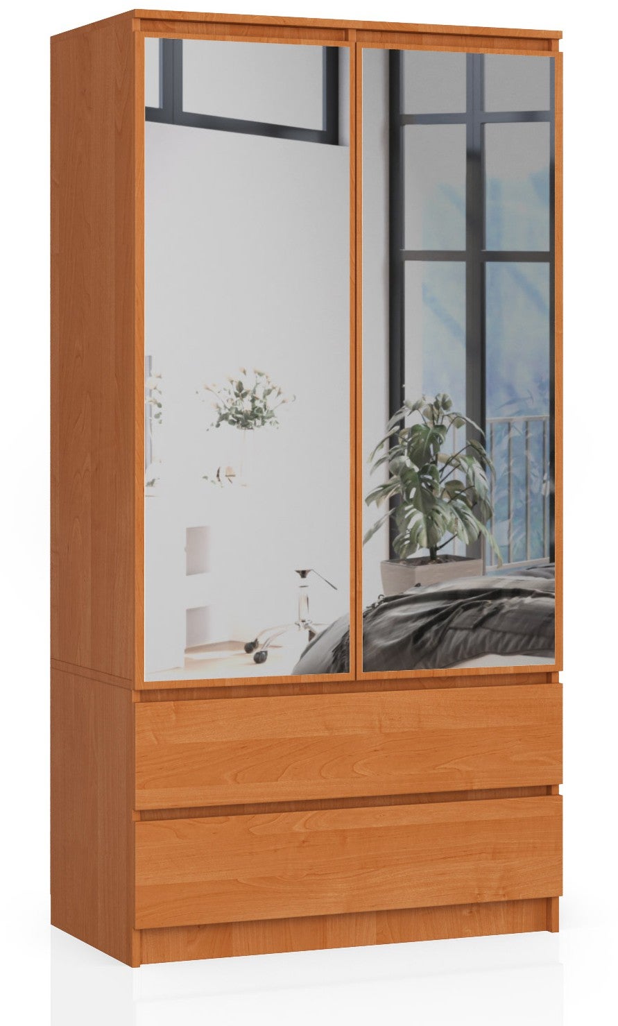 Szafa AKORD S90 Olcha 90 cm z lustrem 2 drzwi 2 szuflady kolor Olcha mat 4 półki 90x51x180 cm