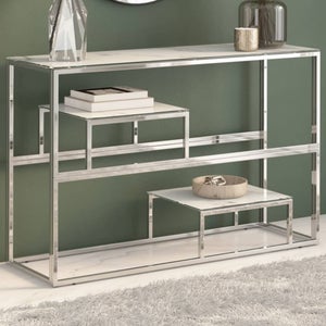 Table Console Design Industriel - 120x25x73cm - Plateau Verre Trempé, Pieds Acier Noir - En.casa