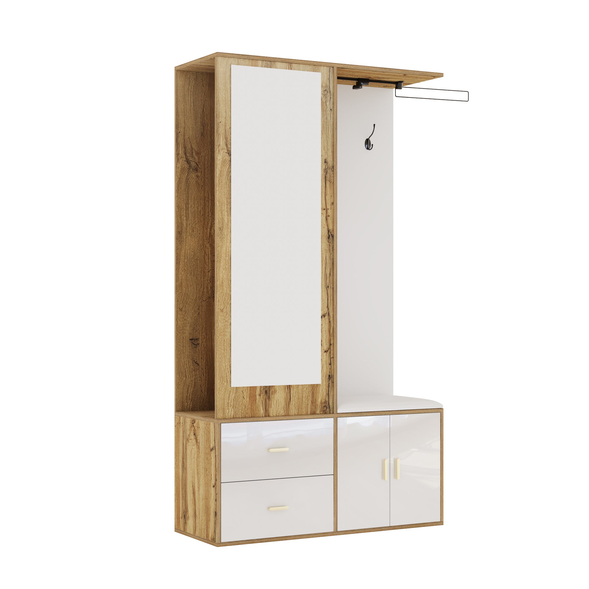 Armoir 100x38x108.1cm - Avec miroir - Avec meuble à chaussures - Avec crochets et cintres rétractables - Blanc + Naturel - 4