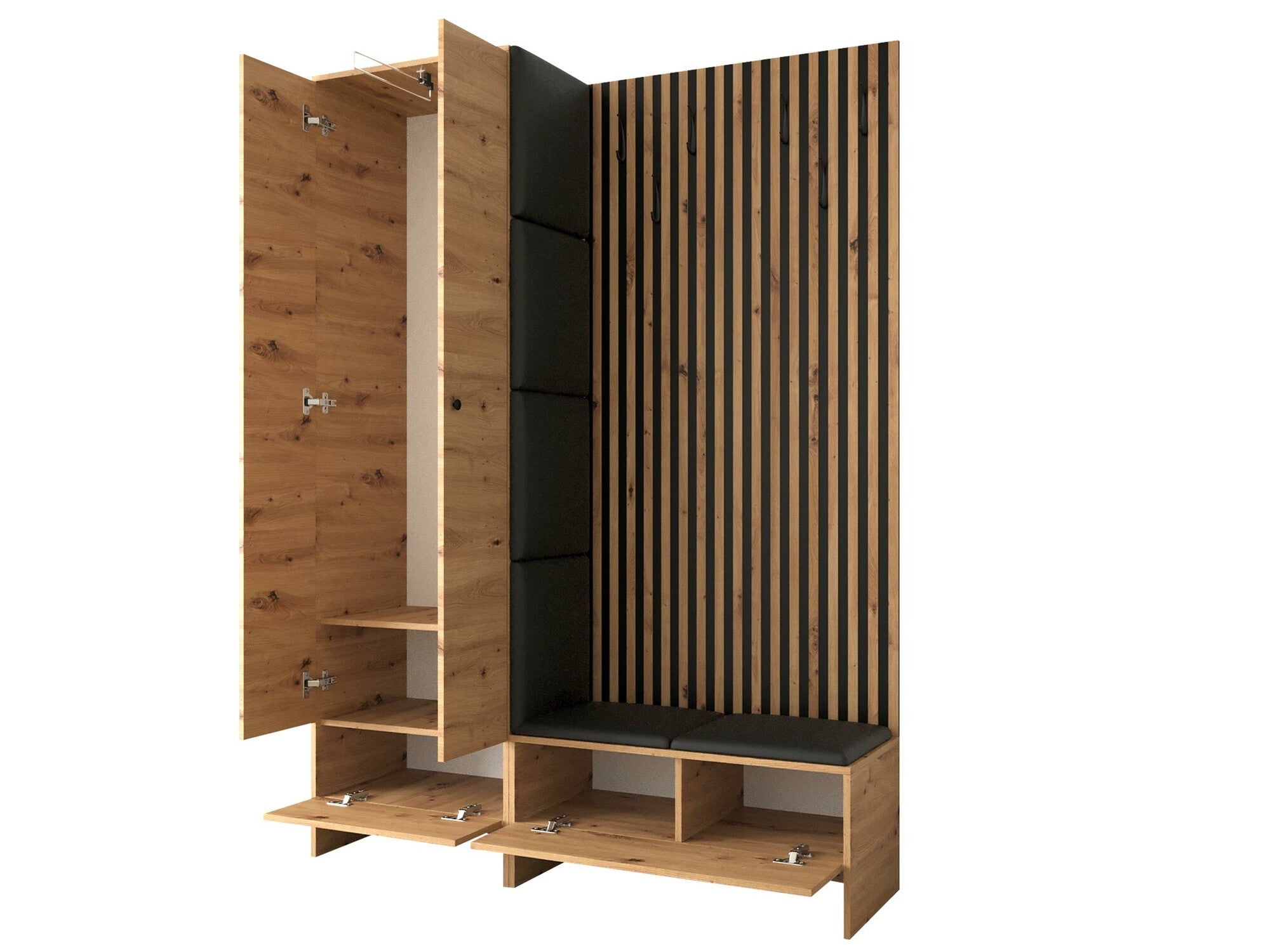 Meuble d'entrée Hartford 320, 206x145x44cm, Chêne Artisan, Noir, Tissu, Stratifié, À poser - 4