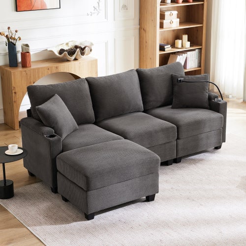 Canapé d'angle en L convertible 3 places avec repose-pieds,porte-gobelet,chargeur USB,rangement dans l'accoudoir et 2 coussins,idéal pour salon,b - 7