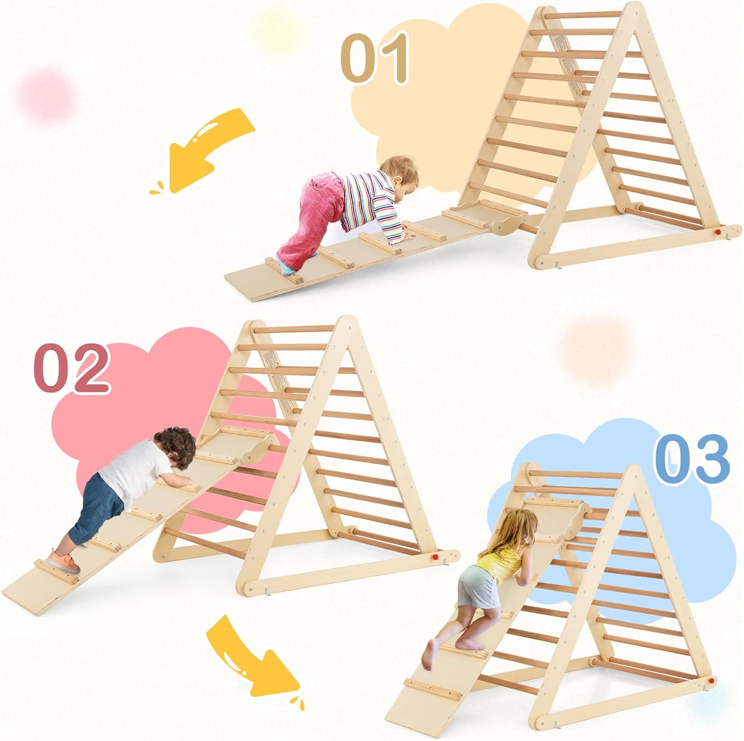 Triangolo a Gradini, Scala Giochi Arrampicata a Triangolo, con Scivolo, Palestra Coperta da Casa, Legno, Ideale per Bambini 3+ Anni (naturale) - 2