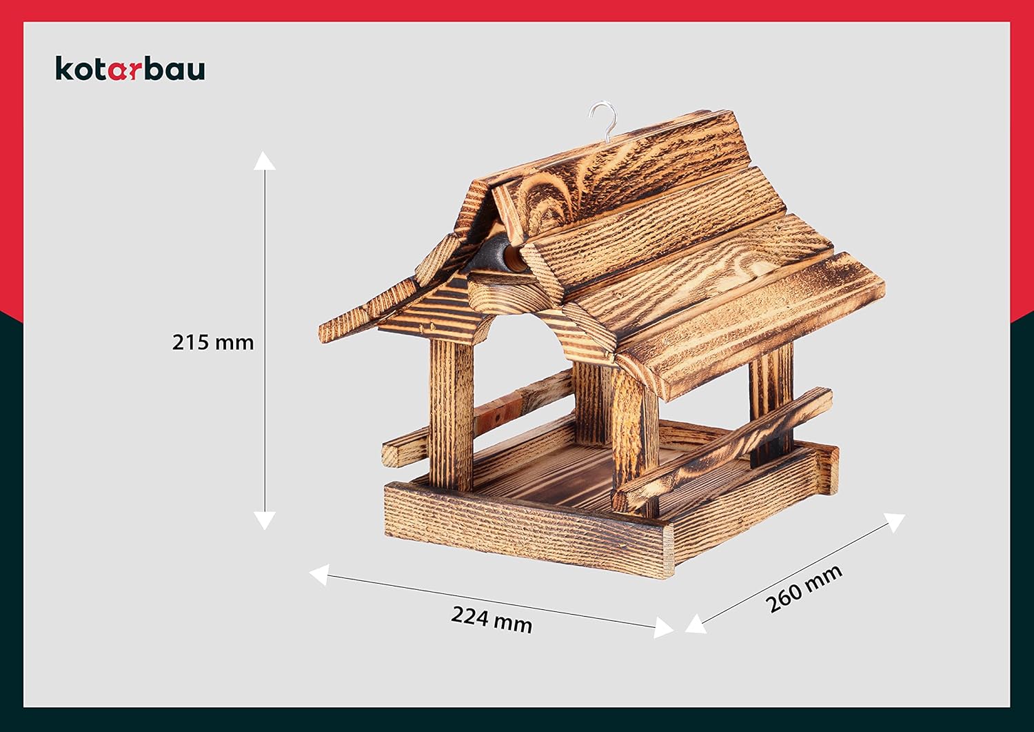 Mangeoire à Oiseaux Bois Suspendue, Résistante aux Intempéries, 22,5x26 cm - Durable et Pratique, Marron Flammée - KOTARBAU - 4