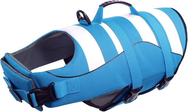 Colete salva-vidas para cães, colete flutuante ajustável com alças, adequado para natação e praia, tamanho P, azul