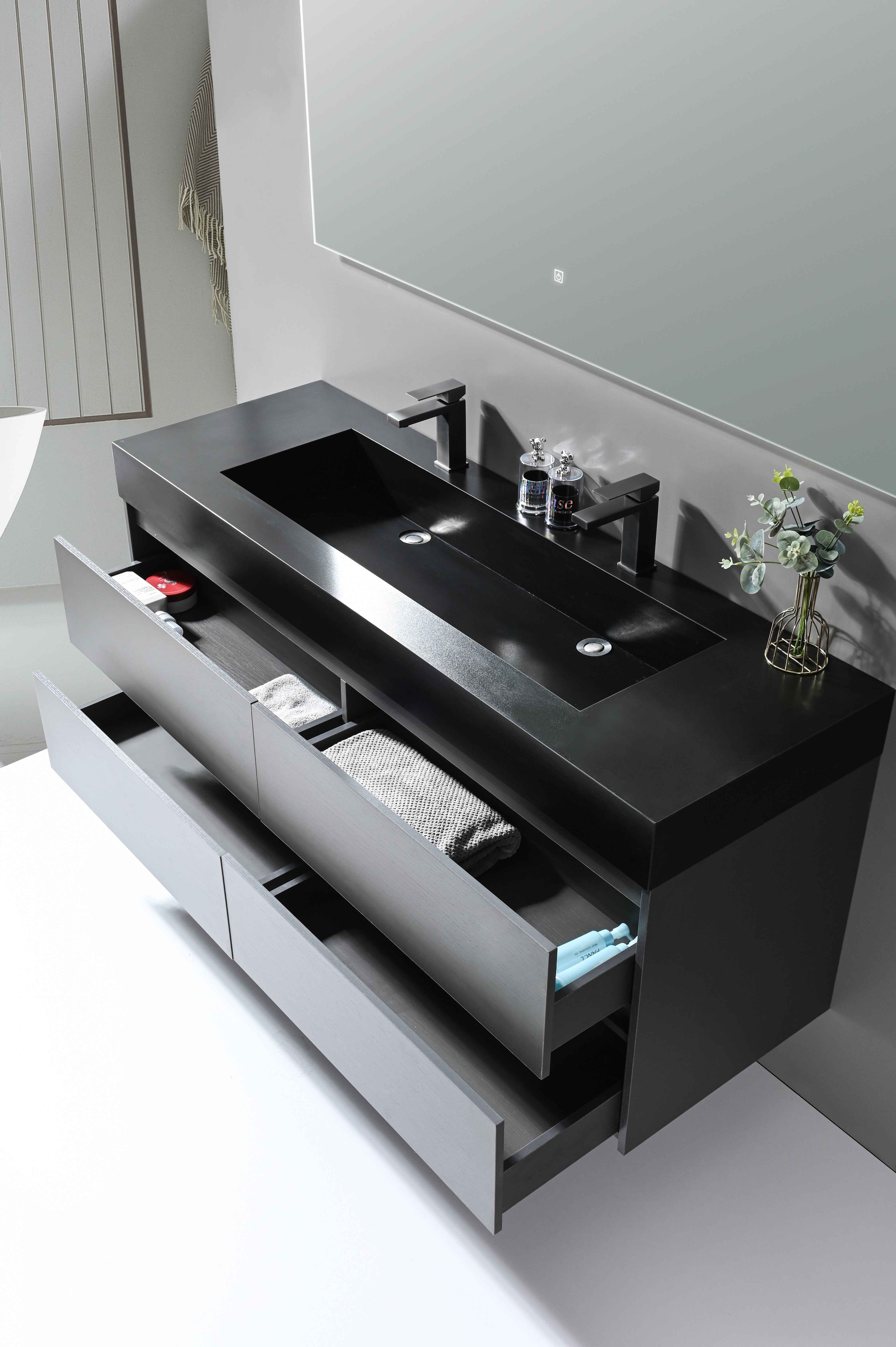 LuxuryBain- Meuble de salle de bain double vasque 150cm gris et noir avec miroir LED LB-8476S - 4