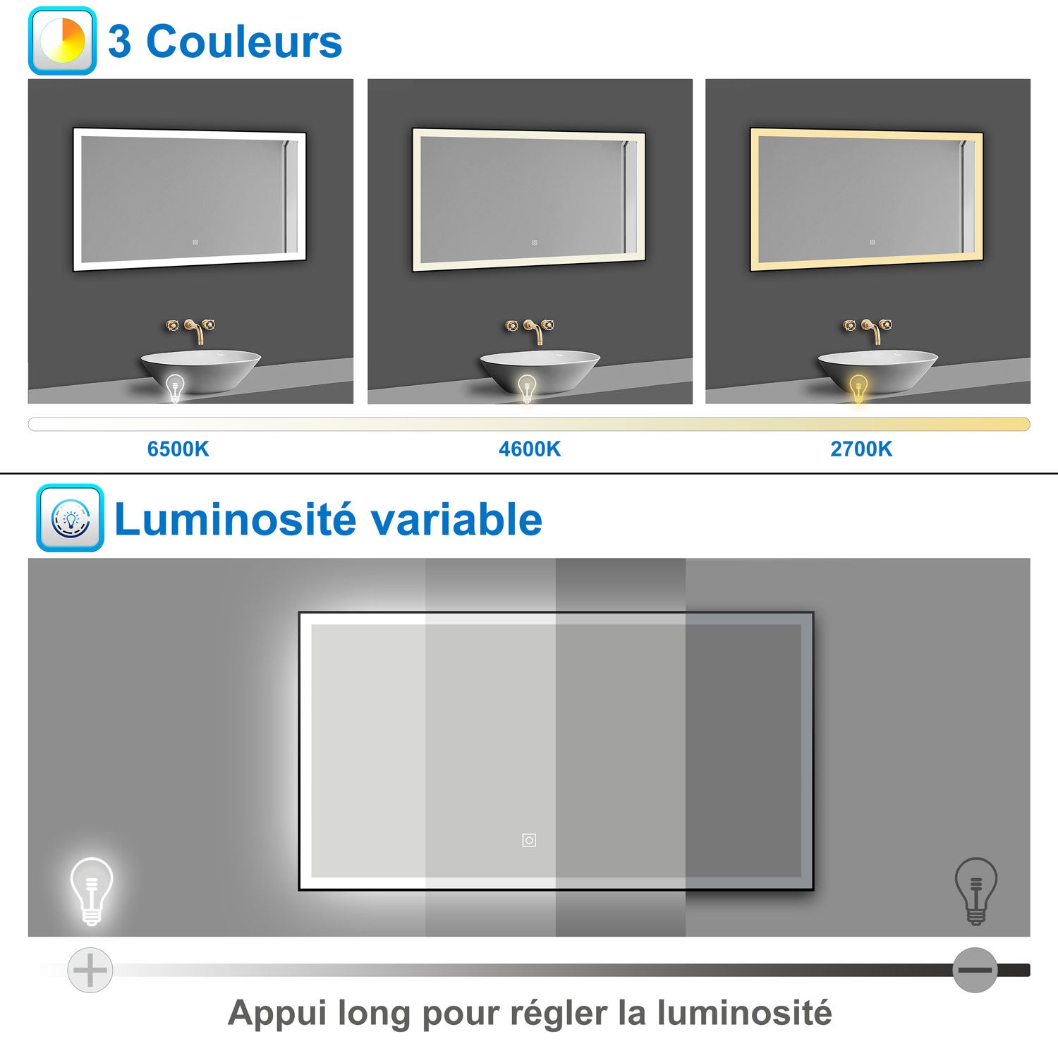 Miroir lumineux 70x50cm avec Anti-buée + 3 Couleurs + Dimmable, LED Miroir salle de bain - 3