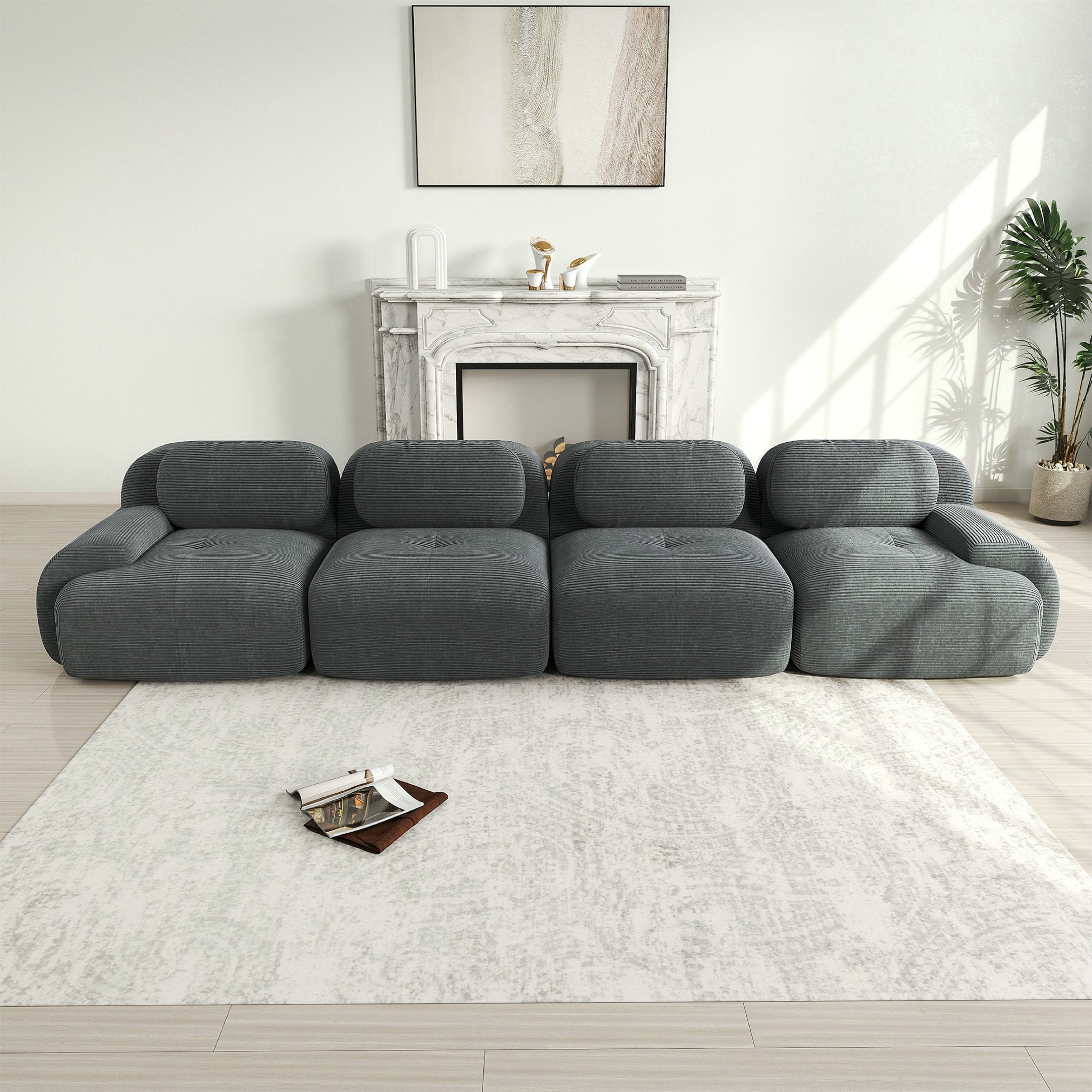 Canapé d\' modulable en forme de Canapé 4 places Élégant - Accroupiers extra-larges- Tissu velours côtelé respirant - gris - 2