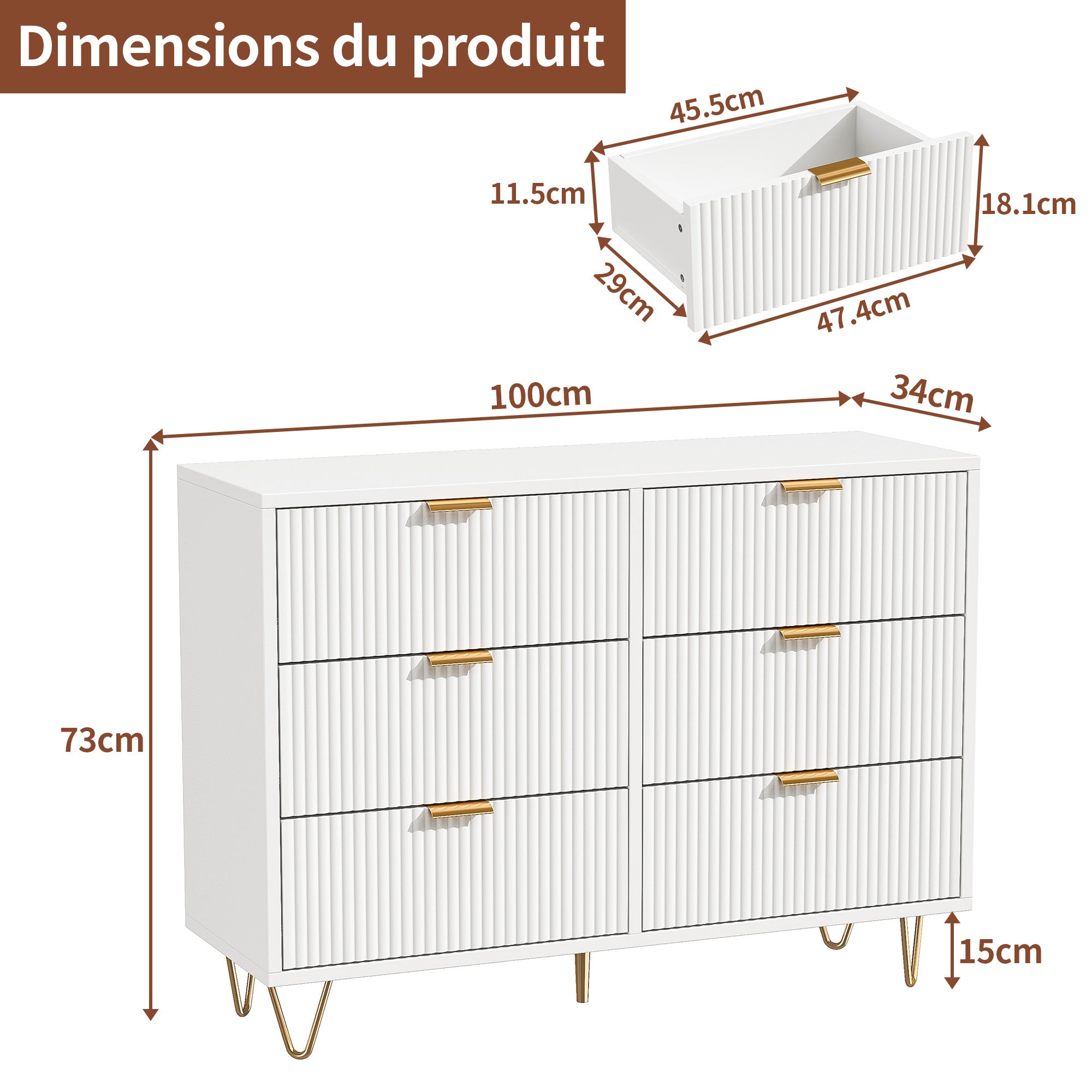 Commode à 6 tiroirs - 100 x 34 x 73 cm - avec poignées et pieds en métal doré - designe moderne armoire- blanc-pour Chambre à Coucher, Salon - 3